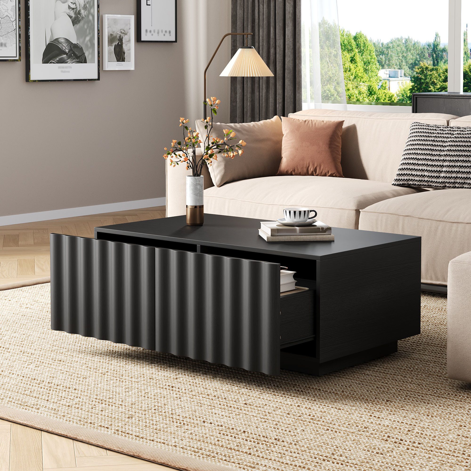 Merax Couchtisch mit Wellenmuster und 2 Schubladen (1-St), Wohnzimmertisch mit Stauraum, 100x50x40 cm – Bild 4 von 5