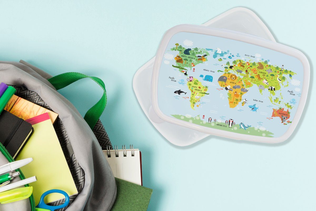Mädchen, Natur - - Mädchen Weltkarte Brotbox Jungs - Brotdose, weiß für Kinder MuchoWow Kunststoff, Lunchbox für - Erwachsene, Jungen und Kinder und (2-tlg), - Tiere