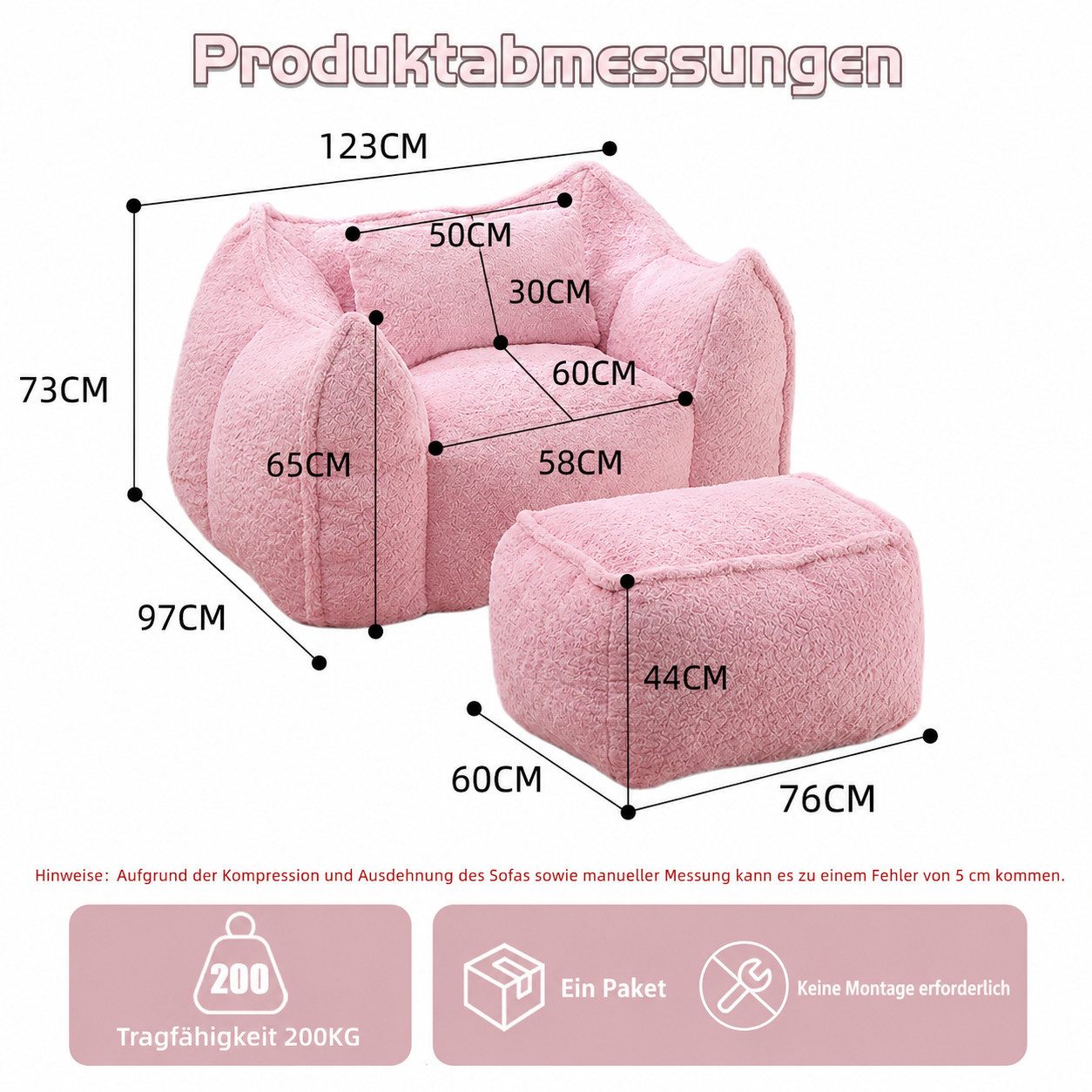 Vankel Relaxliege Sofas Wohnzimmer Loungesessel mit Hocker aus Kunstfell weich, Bean Bag Sessel mit Fußhocker, Schaumstofffüllung & Komfort