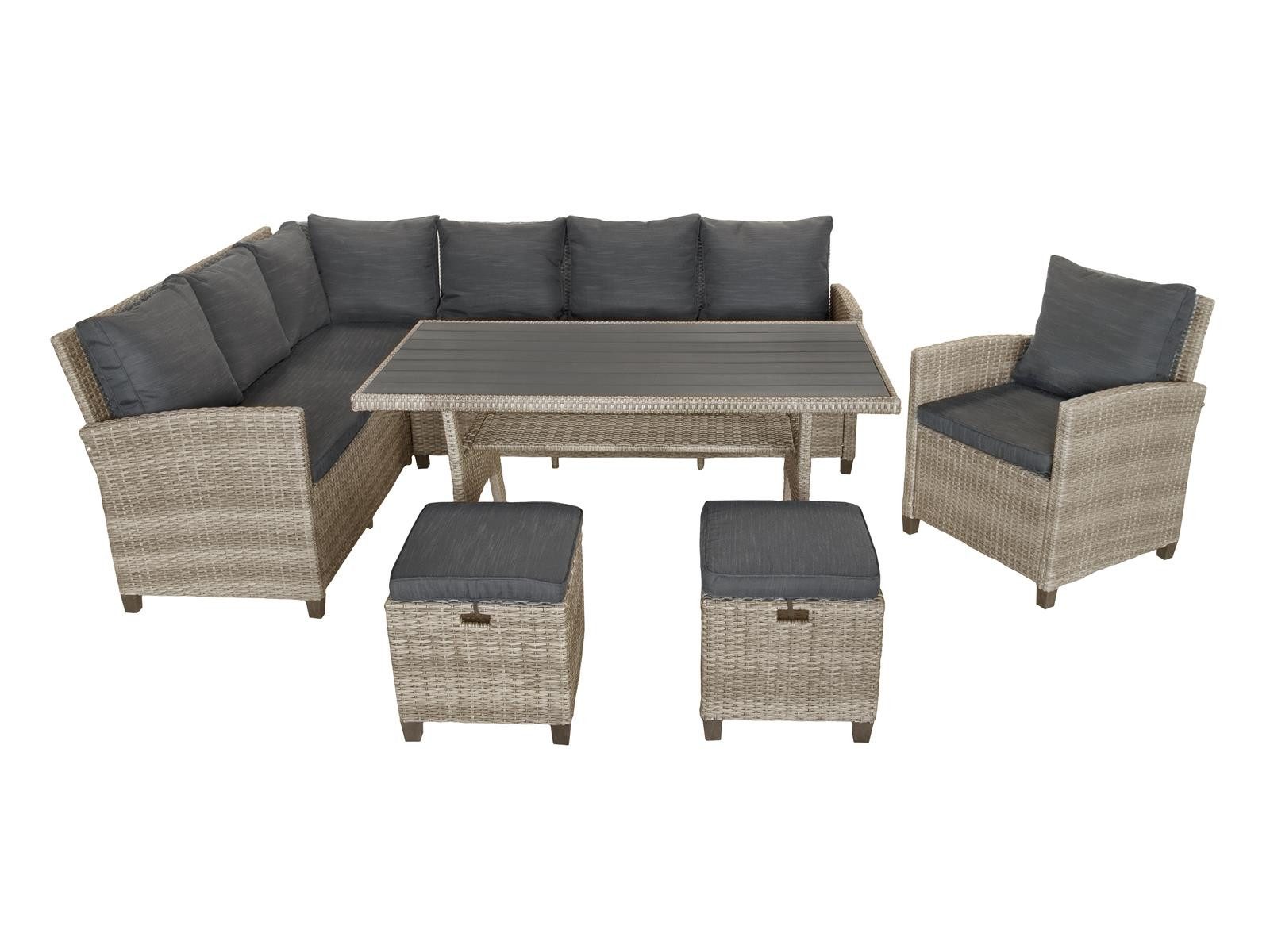 bellavista - Home&Garden® Gartenlounge-Set »Prato« Dininglounge Set Sitzgruppe Loungemöbel Lounge Gartenmöbel, (Set, 6-tlg., 2 Sofas, 1 Sessel, 2 Hocker, 1 Tisch, inkl. Sitz- und Rückenkissen), grau, Polyrattan, für 9 Personen, wetterfest - Garten, Terrasse