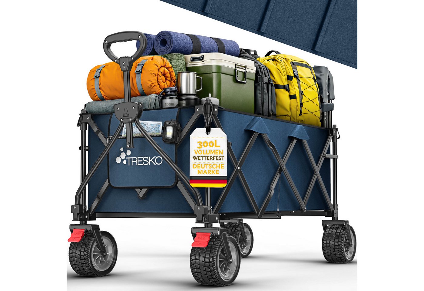 TRESKO Bollerwagen Bollerwagen faltbar 300L mit Bremse Handwagen klappbar 150kg (inkl. Vollgummireifen Faltbarer Strandwagen mit Extra Breite All-Terrain-Räder, Gartenwagen Transportwagen mit Tragetasche)