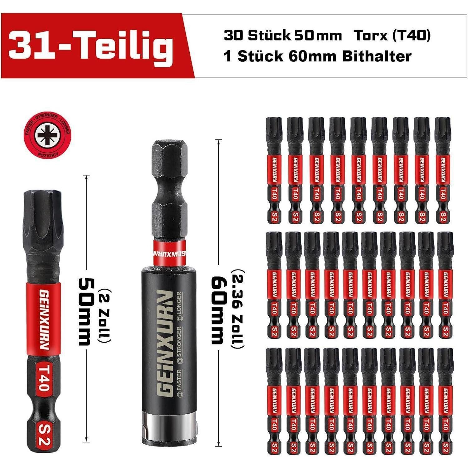LuxusKollektion Torx-Bit Schlagfester Schrauberbitsatz T40 50mm m. Bit-Halter
