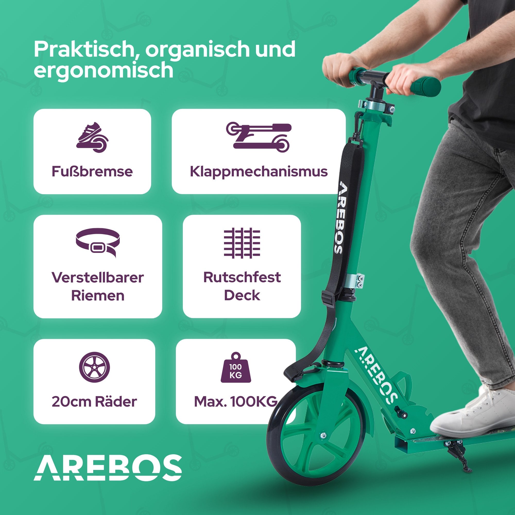 Arebos Tretroller klappbar höhenverstellbar 78–93 cm, ab 6 Jahre, 100 kg, 0 W, Fahrspaß überall: ideal für Schule, Freizeit oder kurze Wege