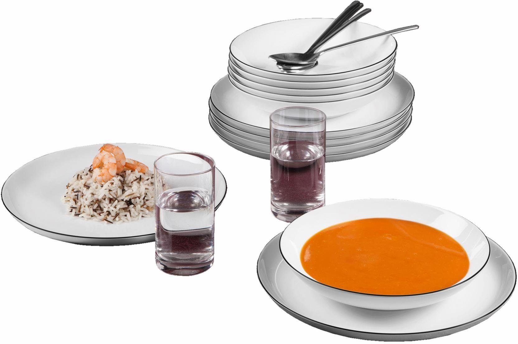 Seltmann Weiden Tafelservice Teller Set, Geschirr-Set Lido Black Line (12-tlg), 6 Personen, Porzellan, Made in Germany, 12 Teile, für 6 Personen