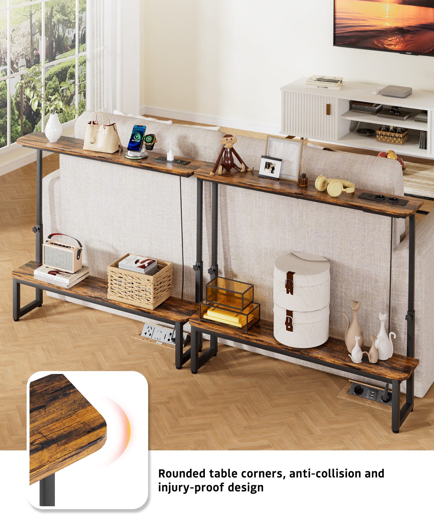 Yorbay Konsolentisch mit 2 Ablagen & integrierten Steckdosen,Höhenverstellbarer Sofatisch (100x18x63/88 cm), Kompakte Anrichte mit USB-Ports für Flur, Wohnzimme – Bild 5 von 5