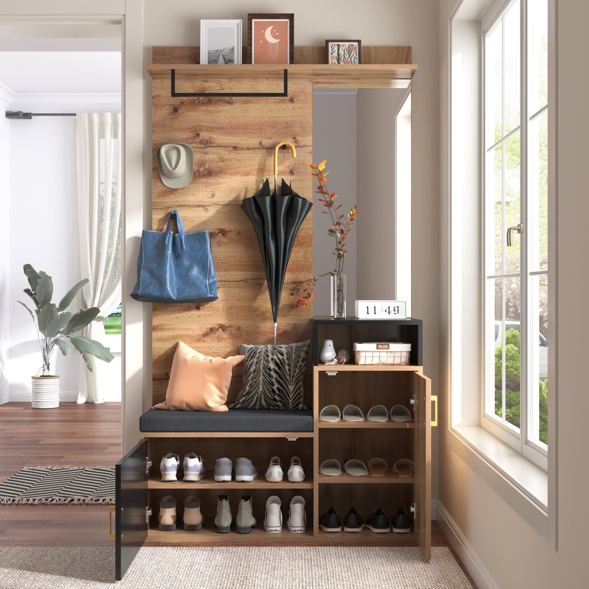 Odikalo Garderoben-Set 4 Kleiderhaken Spiegel Schuhschrank Wandgarderobe Ablagefach Sitzbank