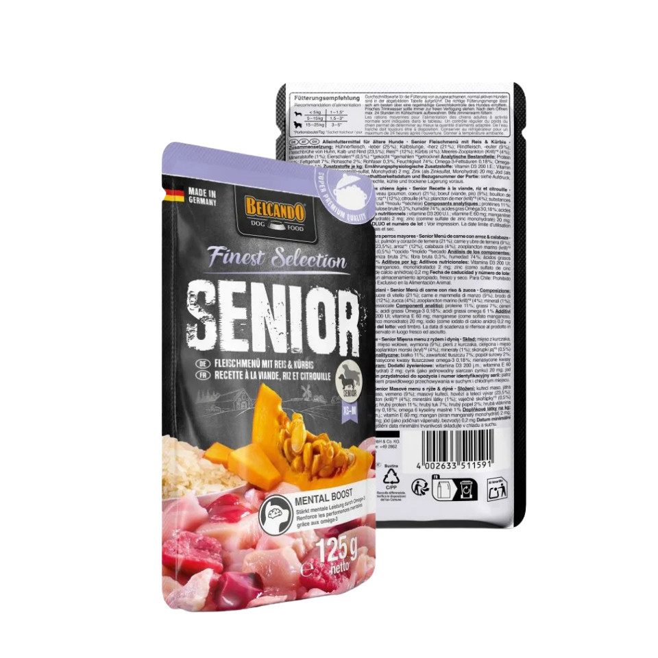 Belcando Senior Fleischmenü mit Reis & Kürbis - Nassfutter in Frischebeuteln 12x125g, Nassfutter für: Hunde