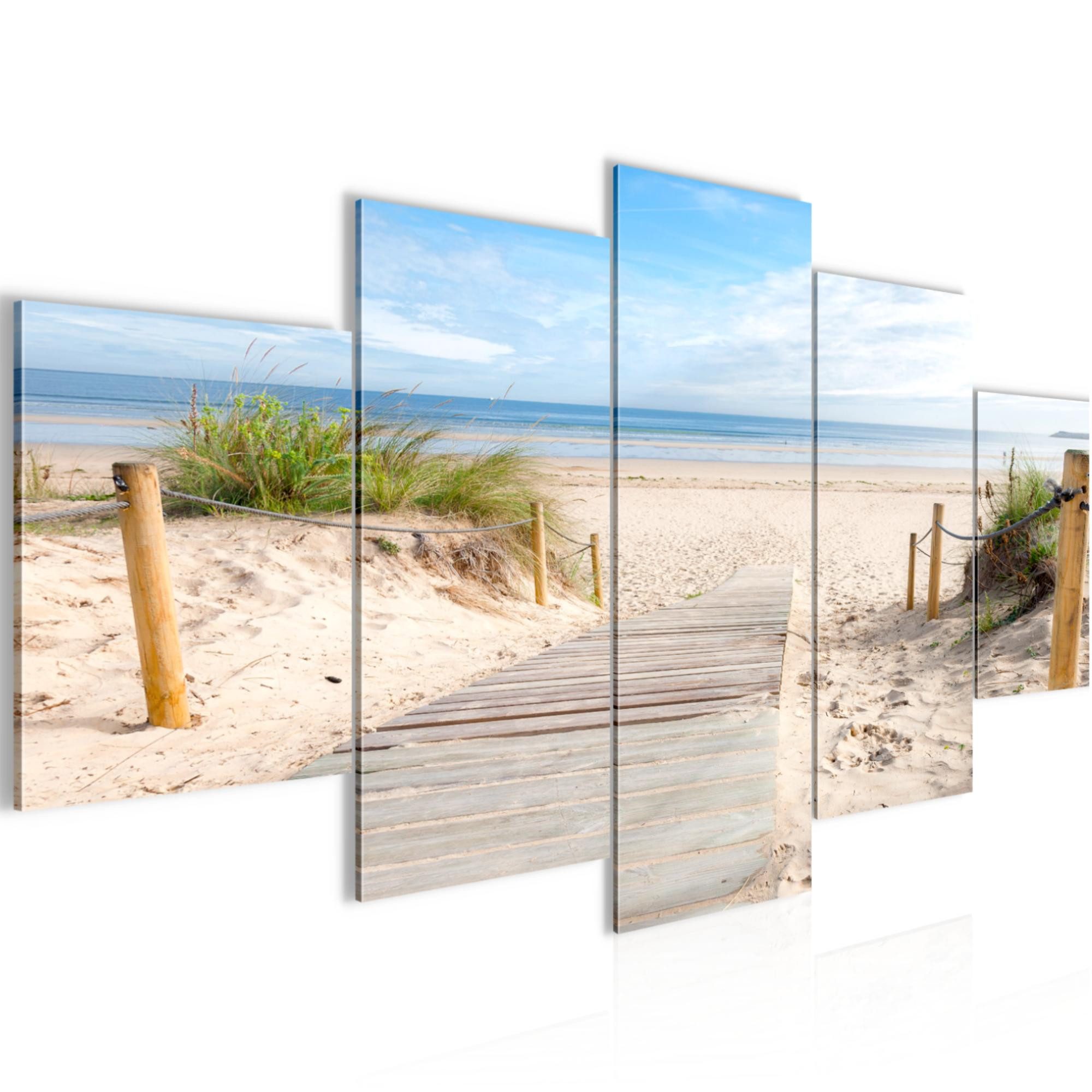 Runa Art Wandbild Strand Meer auf Vlies Leinwand Deko Panorama Blau 607352b, 100L x 50B cm