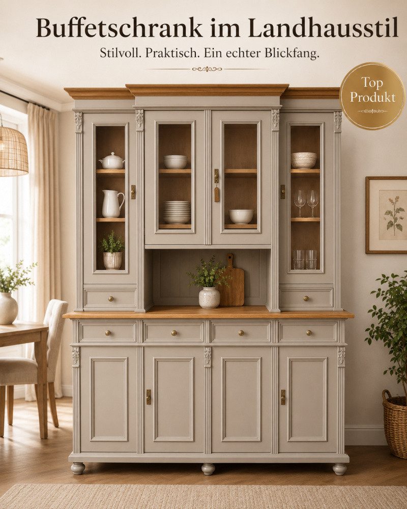 Wohnpalast Buffet Premium Buffetschrank Landhaus Massivholz mit Türen und Schubladen