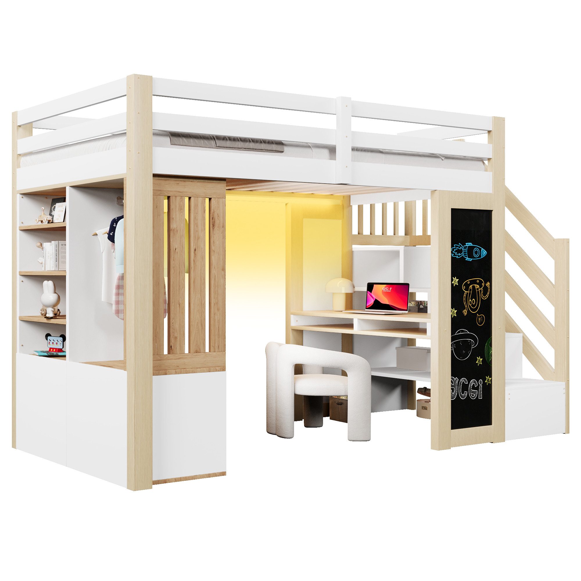 MODFU Hochbett Modernes Kinder-Hochbett (Kleiderschrank, Tafel und LED-Beleuchtung, Weiß+Natur, 1-St., 251.5 x 93.6 x 165)