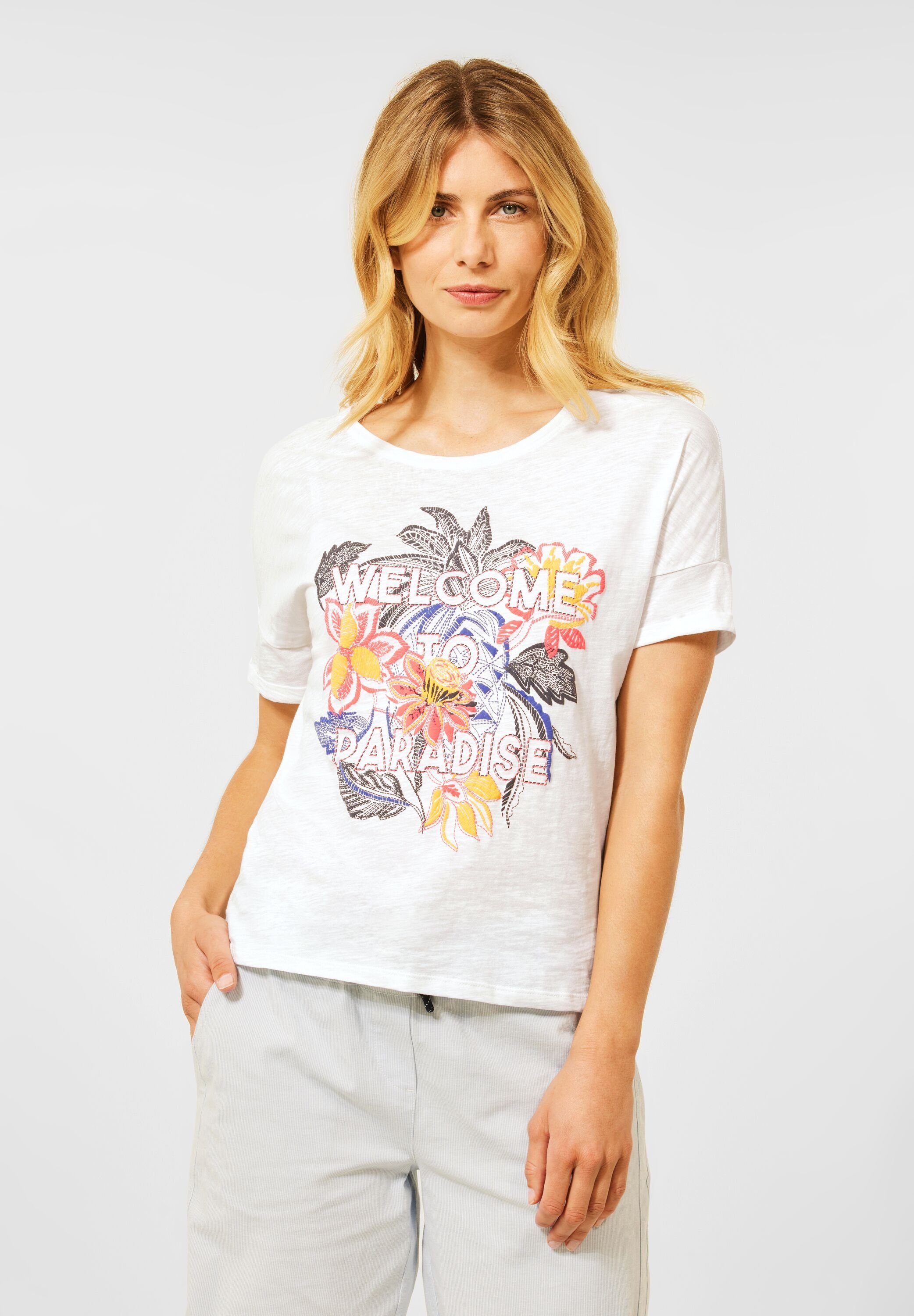 Cecil T-Shirt Cecil T-Shirt mit Fotoprint in Vanilla White (1-tlg) Locker  geschnitten, Maße bei Größe M ca.: Länge 67 cm, Brust 109 cm, Saumweite 110  cm