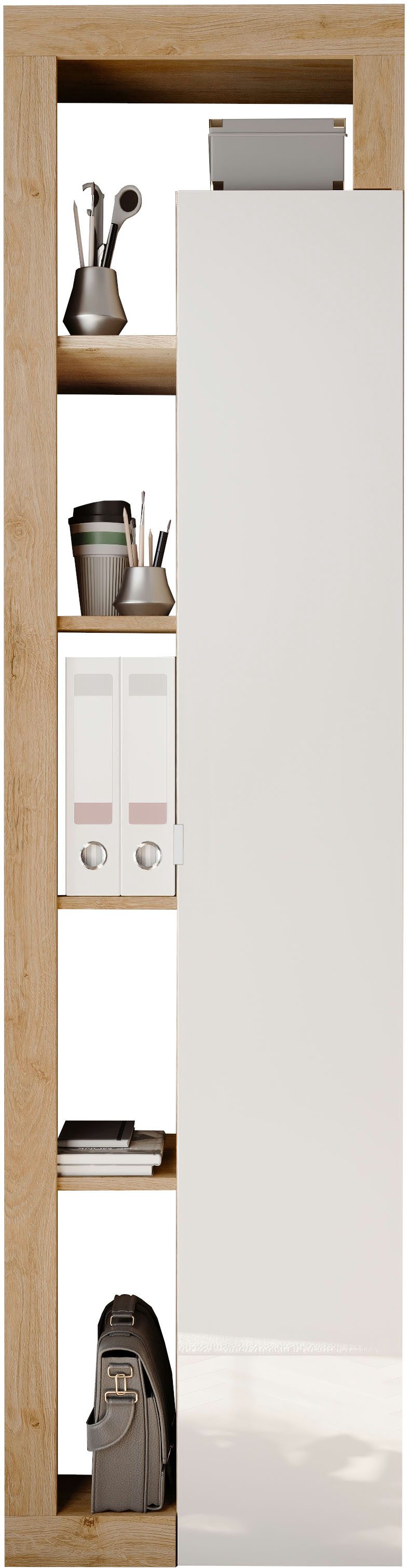 Home affaire Aktenschrank Hamburg Höhe 195 cm, Breite 50 cm, 1 Tür, offene Fächer, Büroschrank, Mehrzweckschrank, dekorativer Rahmen, Metallgriff, viel Stauraum