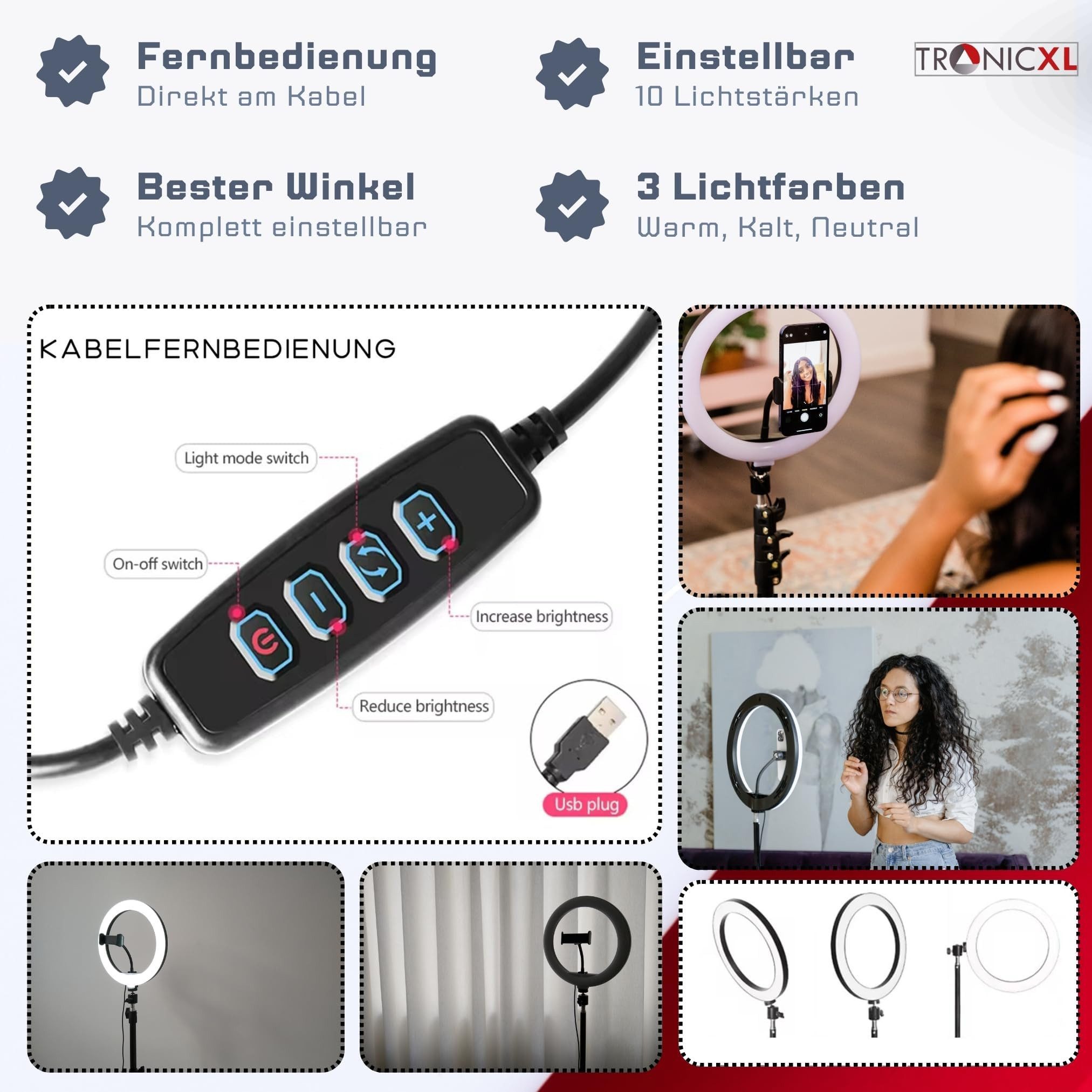 TronicXL Ringlicht Ringlicht mit Stativ Handy Smartphone Halterung Selfie 2m groß hoch, Live-Streaming Fotografie Live Streamer