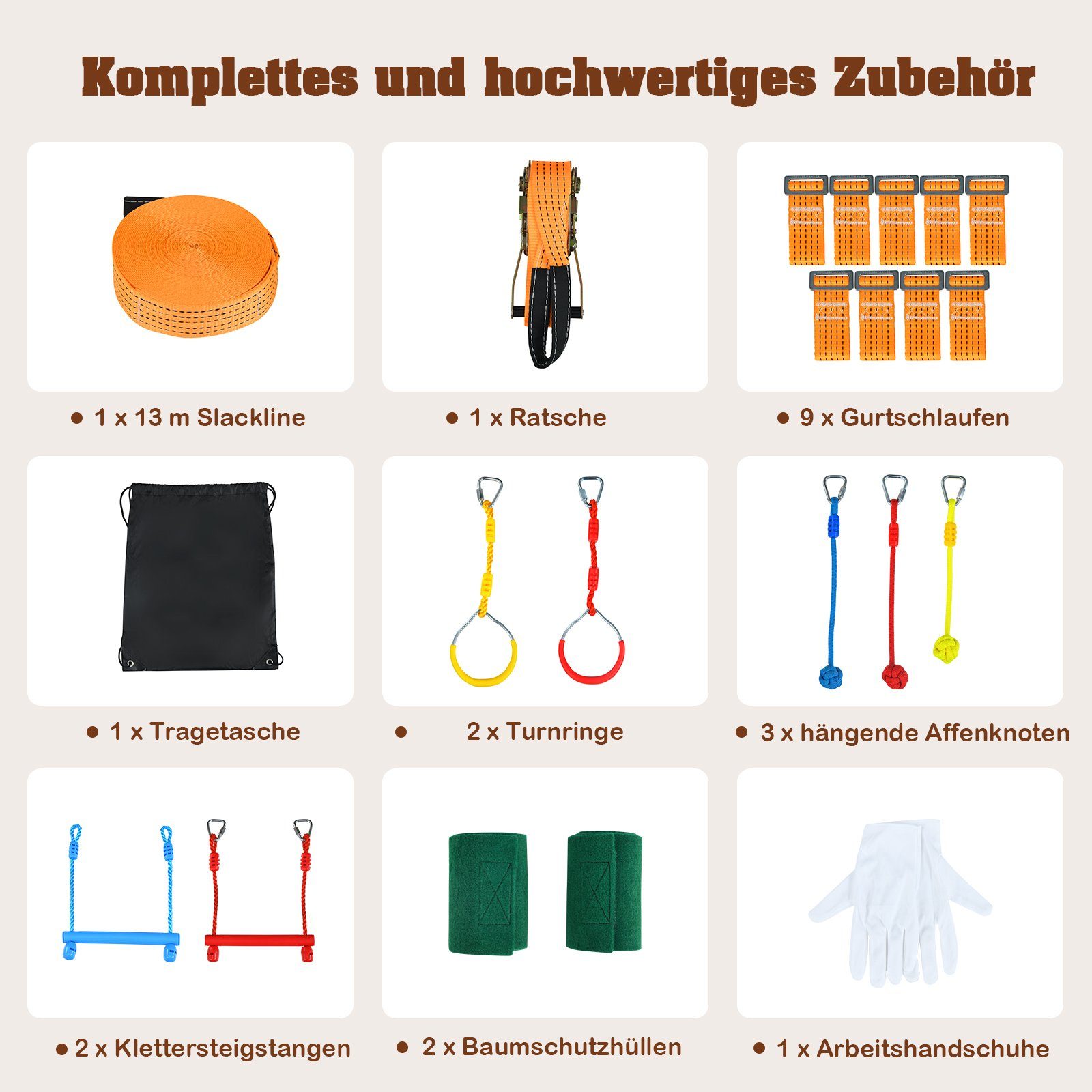 Slackline, 13m Klettergerüst hängend Kinder COSTWAY Hindernisparcours,