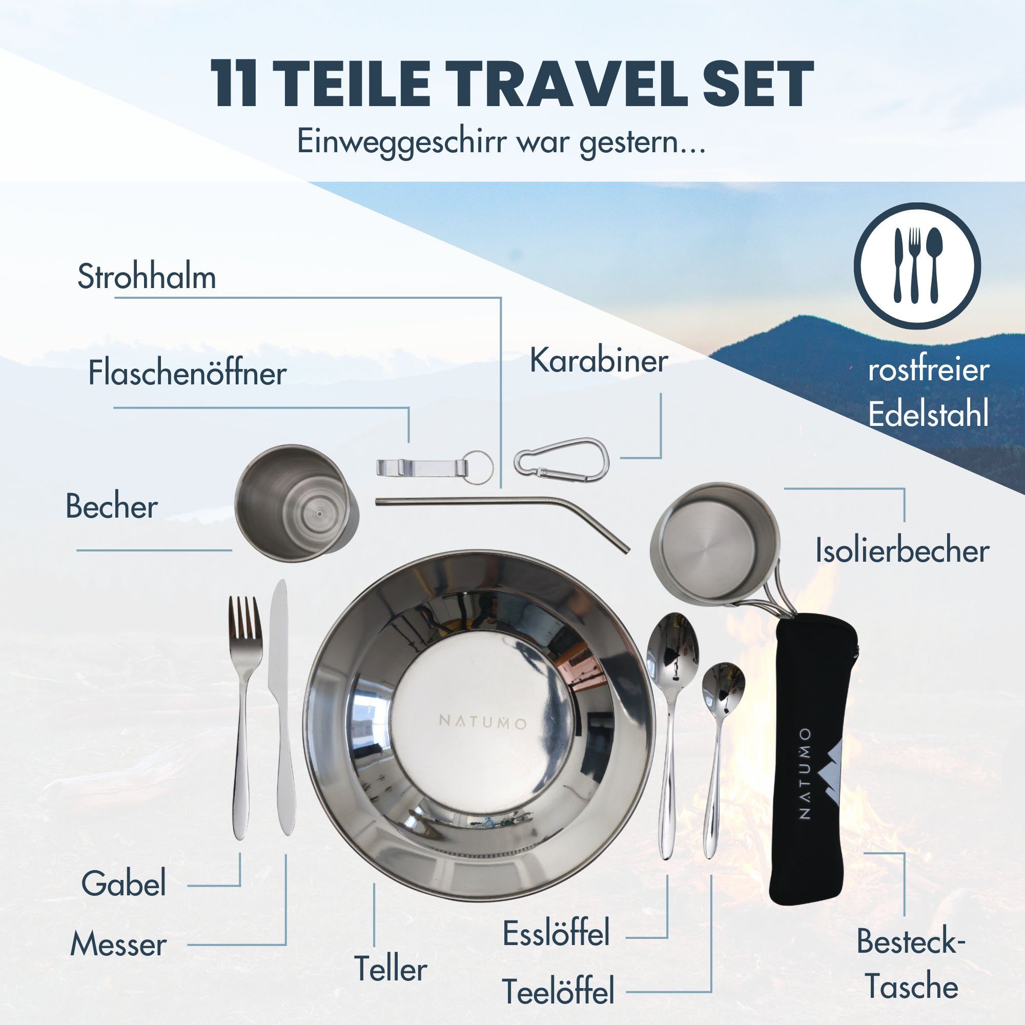 natumo Besteck-Set natumo Camping Geschirr Set 10-teilig – Edelstahl Reisebesteck (10-tlg), Edelstahl – Bild 2 von 5