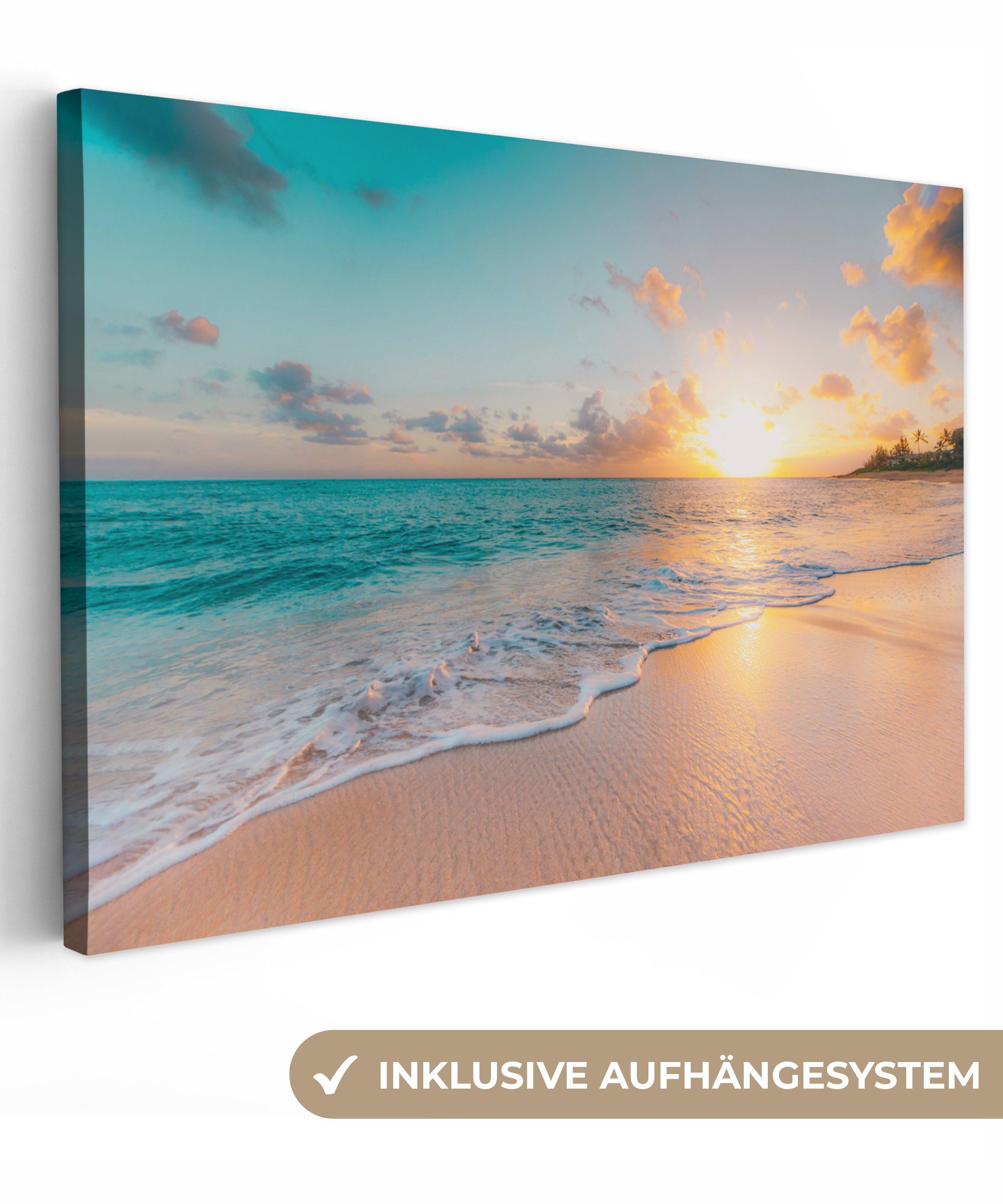 OneMillionCanvasses® Leinwandbild Sonnenuntergang - Strand - Meer - Sommer - Blau, Fotodruck (1 St), Leinwand Изображения Klein, Wand Dekoration Aesthetic 30x20 cm