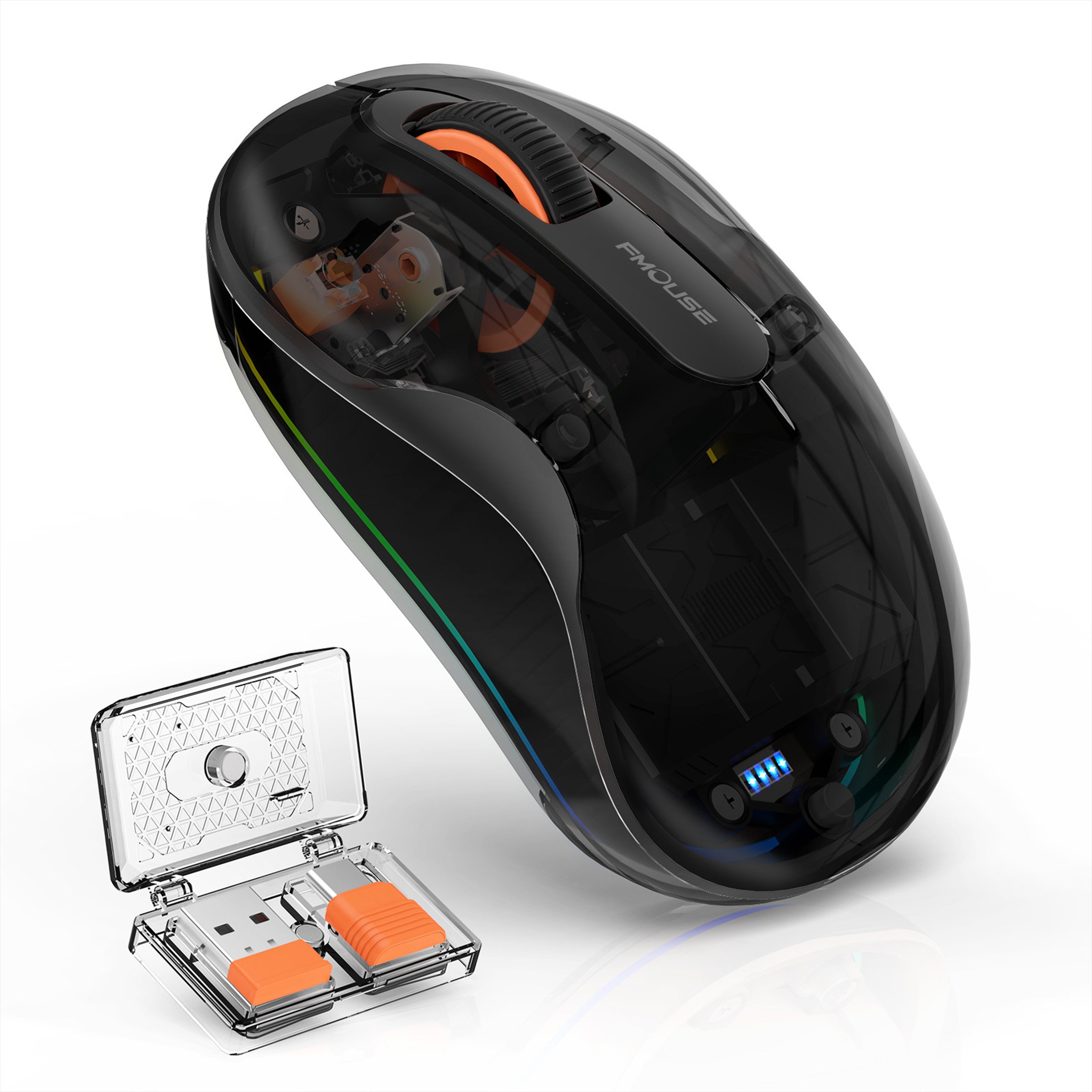 KINSI Wiederaufladbare Bluetooth Funkmaus, Transparent Design, Akku‑Anzeige Maus (Bluetooth, Funk, RGB, Multi‑Gerät für Laptop PC Tablet Handy)