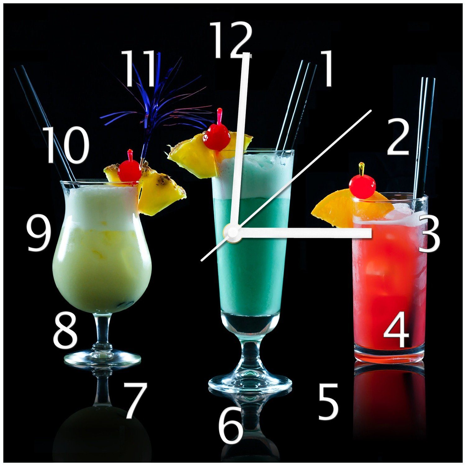 Wanduhr Cocktails vor schwarzem Bunte (Glasuhr) Hintergrund Wallario