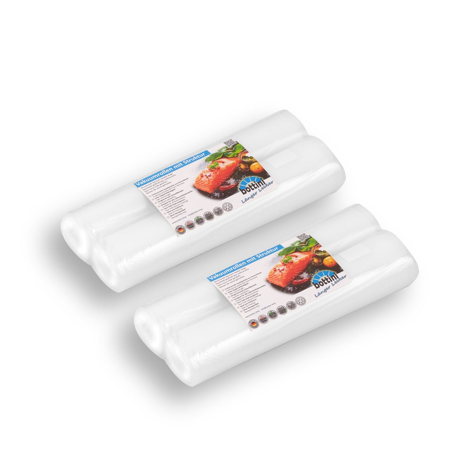 Bottini Vakuumier-Folienrollen 4 Vakuumrollen 28 x 600 cm mit Struktur, goffriert für Lebensmittel, Zubehör für Alle Balken Vakuumierer wie CASO, WMF, FreshVAC, Rommelsbacher, Gastroback, Foodsaver, Solis, Lava, Leifheit sowie alle Vakuumiergeräte von Sil