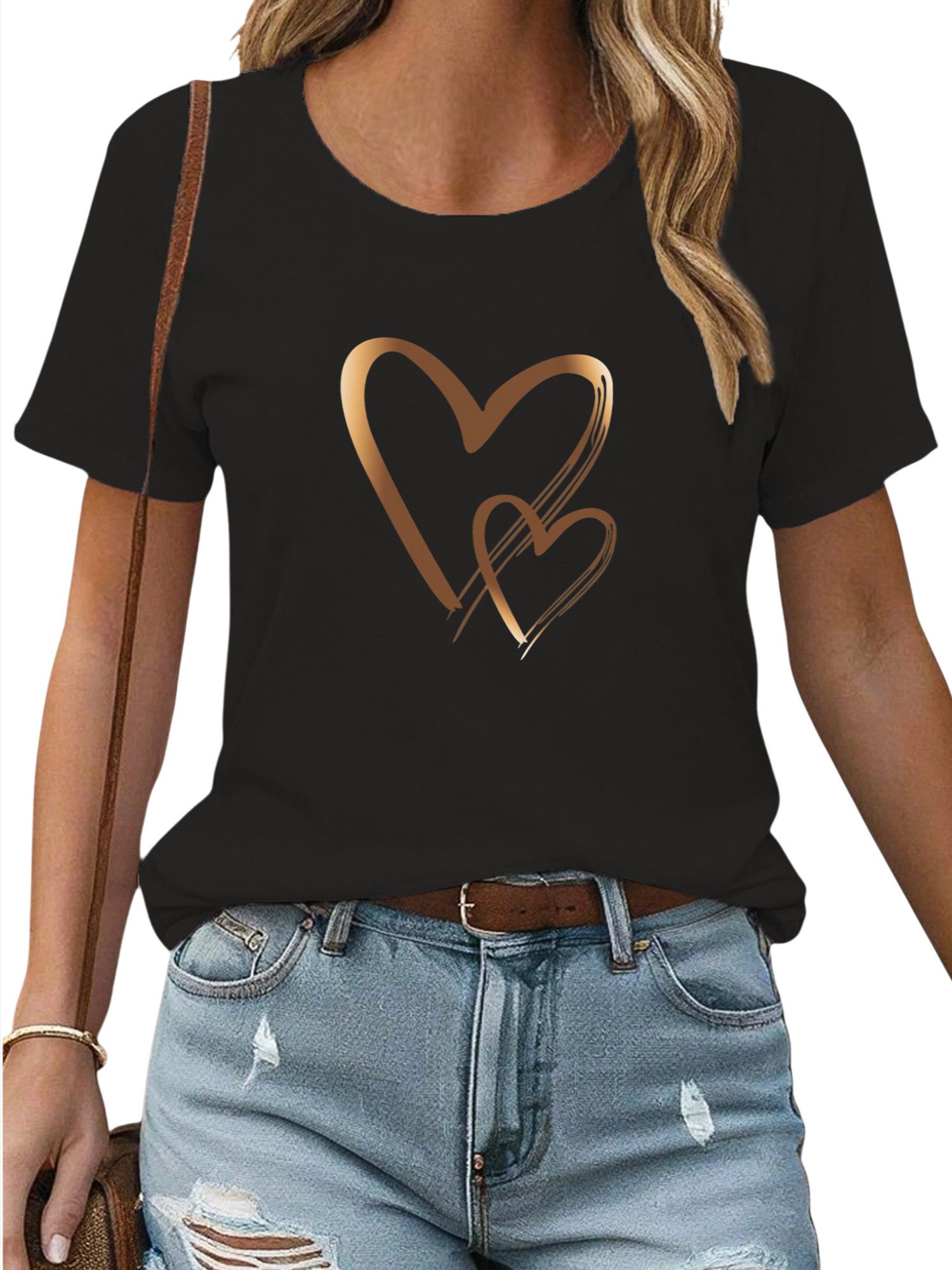 PYLIKE Rundhalsshirt Damen Bequemes Sommer T shirt mit Liebe Ausgefallene D günstig online kaufen