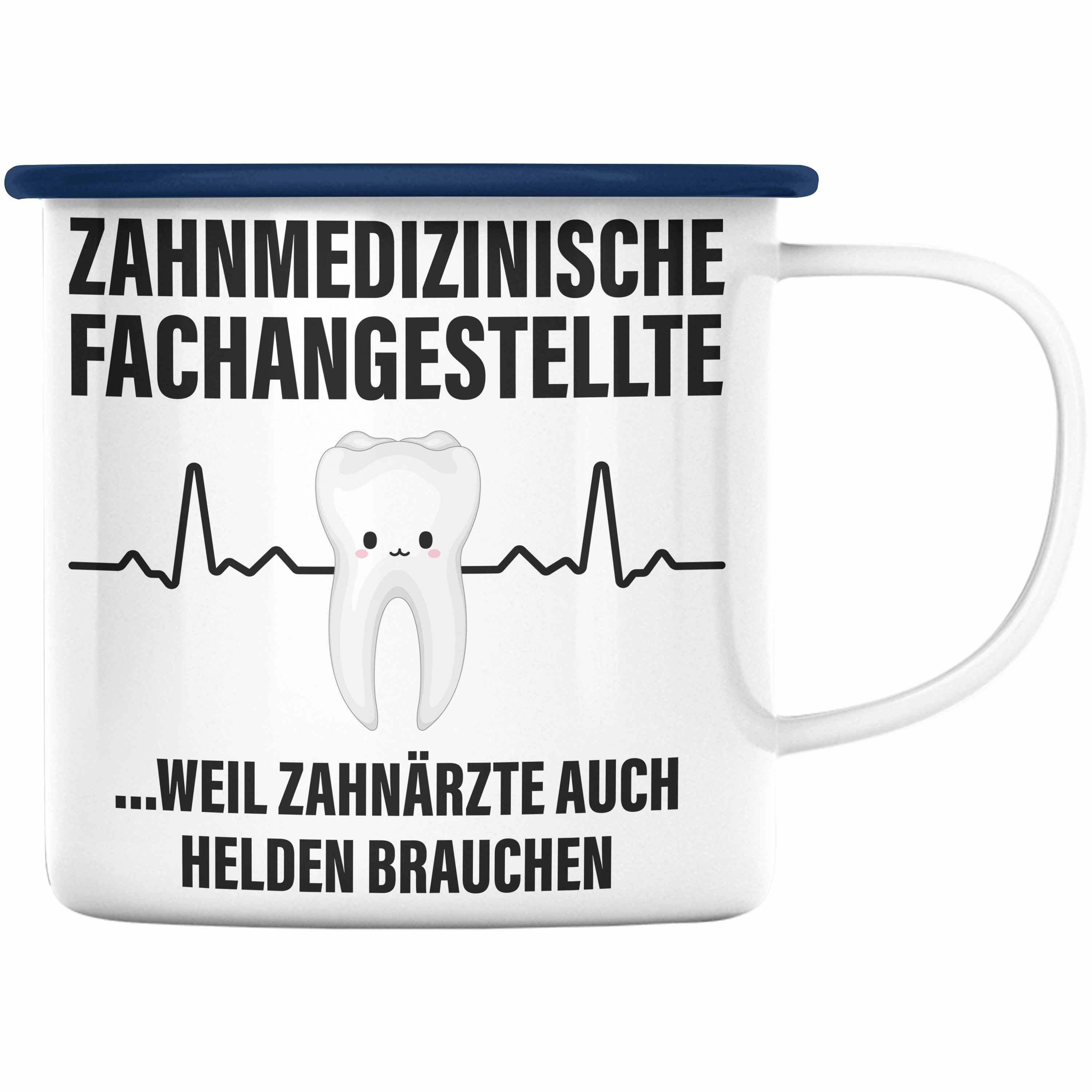 Trendation Thermotasse Trendation - Zahnmedizinische Fachangestellte Emaille Tasse Geschenk Lustig Zahnarzt Damen Kollegin Geschenkidee Zahnarzthelferin Blau