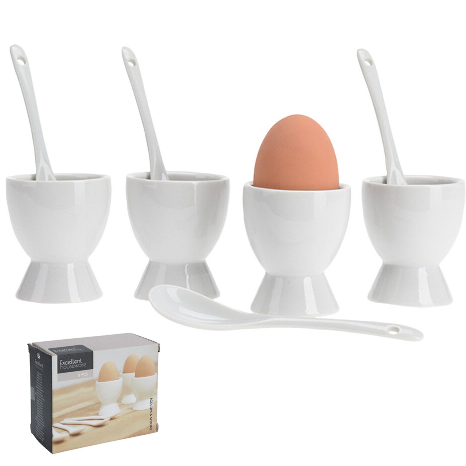Koopman Eierbecher Eierbehälter Porzellan Weiß Becher + Löffel 8tlg, (Stück, 8-tlg., Packung), Set, Keramik, Ø5cm, 4 Becher, 4 Löffel
