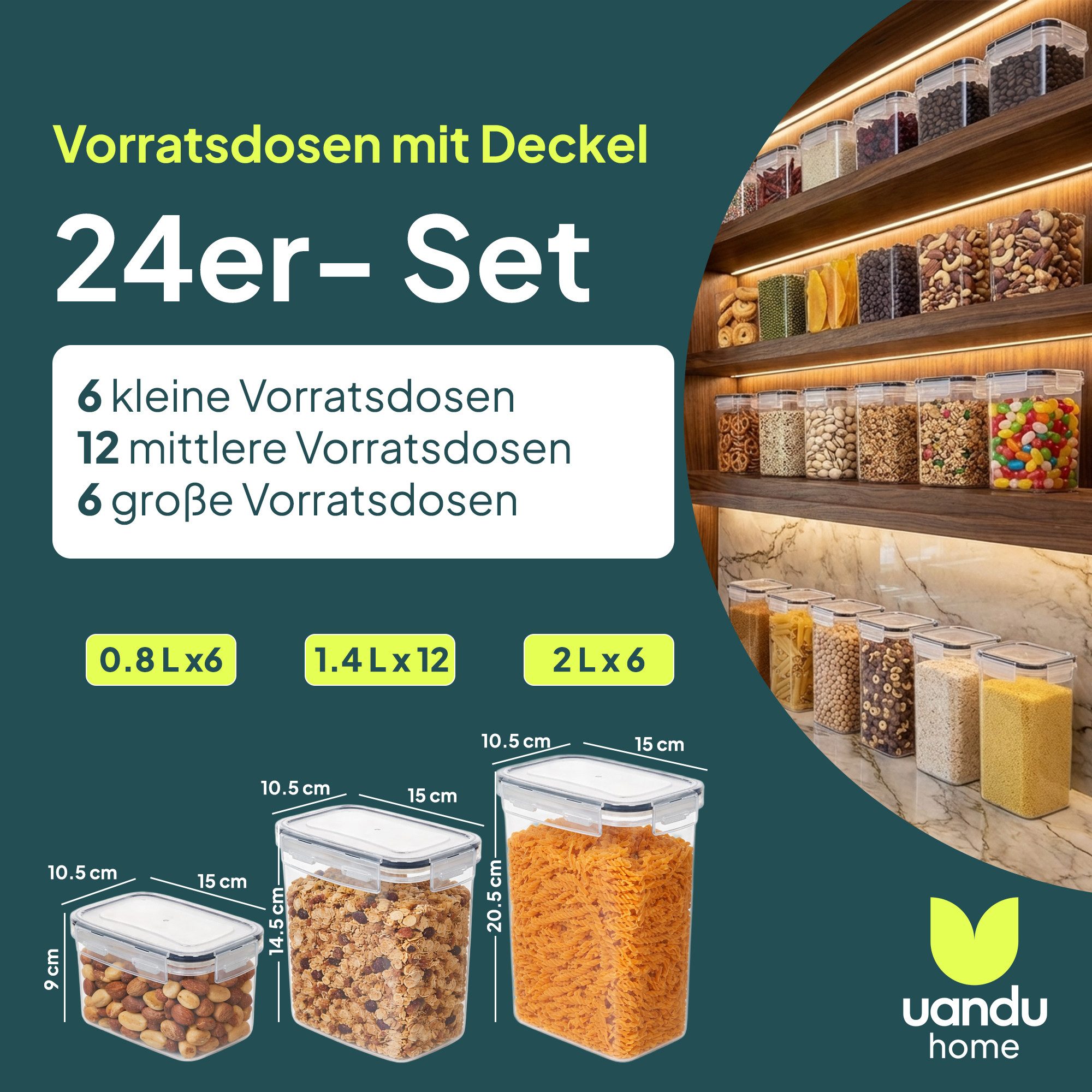 uandu home Frischhaltedose Frischhaltedosen mit Deckel, Vorratsdosen mit Deckel Luftdicht Set, (24er Frischhaltedosen Set, 800ml, 1400ml, 2000ml), Frischhaltedosen Set, Meal Prep Boxen, BPA Free Kunststoff