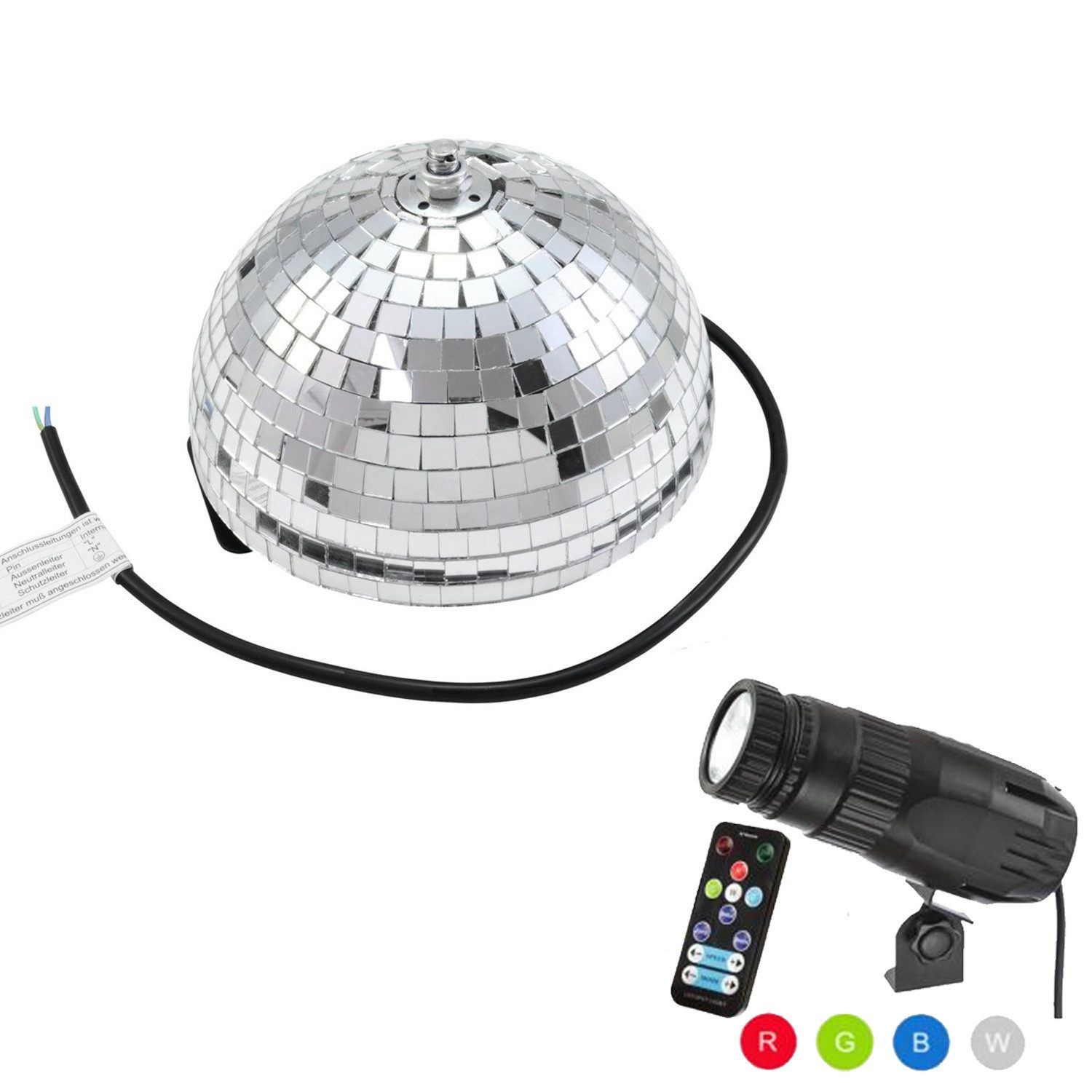 SATISFIRE Discolicht Set Halbspiegelkugel 20cm + 1 x LED Pinspot 9W Farbwechser RGB