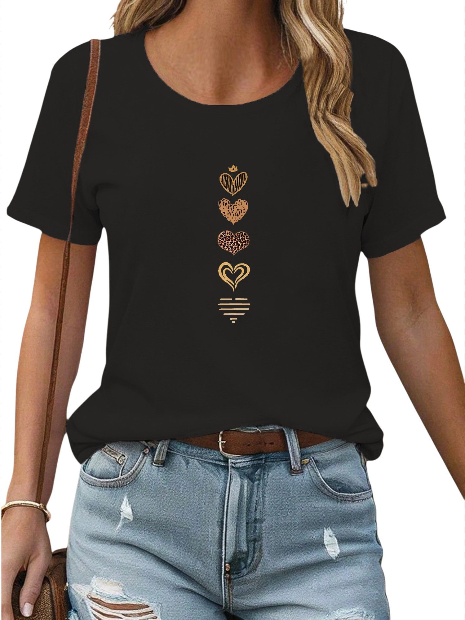 PYLIKE Kurzarmbluse Damen Bequemes Sommer Kurzarmbluse Locker Liebe Print-S günstig online kaufen