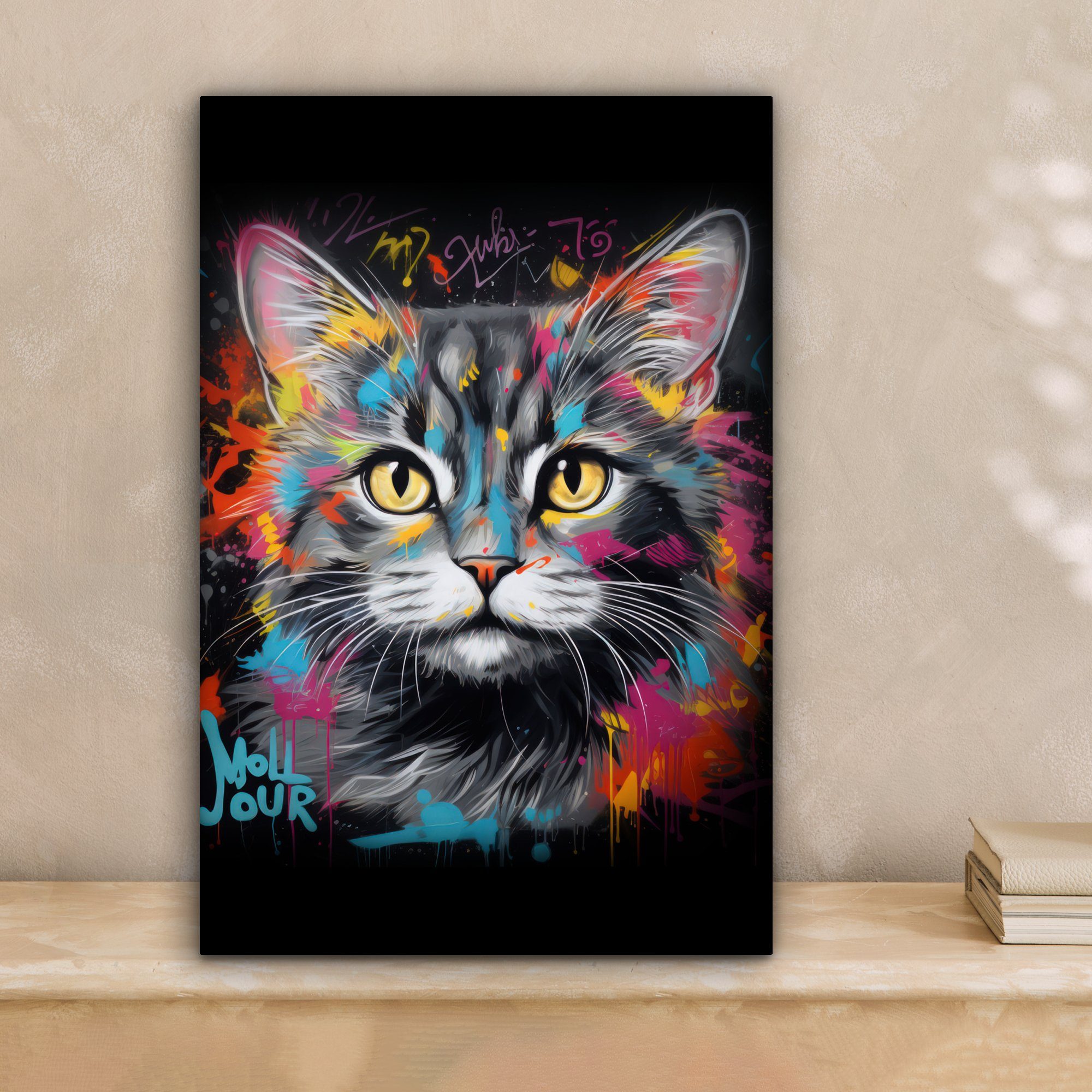 OneMillionCanvasses® Leinwandbild Katze - Graffiti - Tiere - Farben - Grau, günstig online kaufen