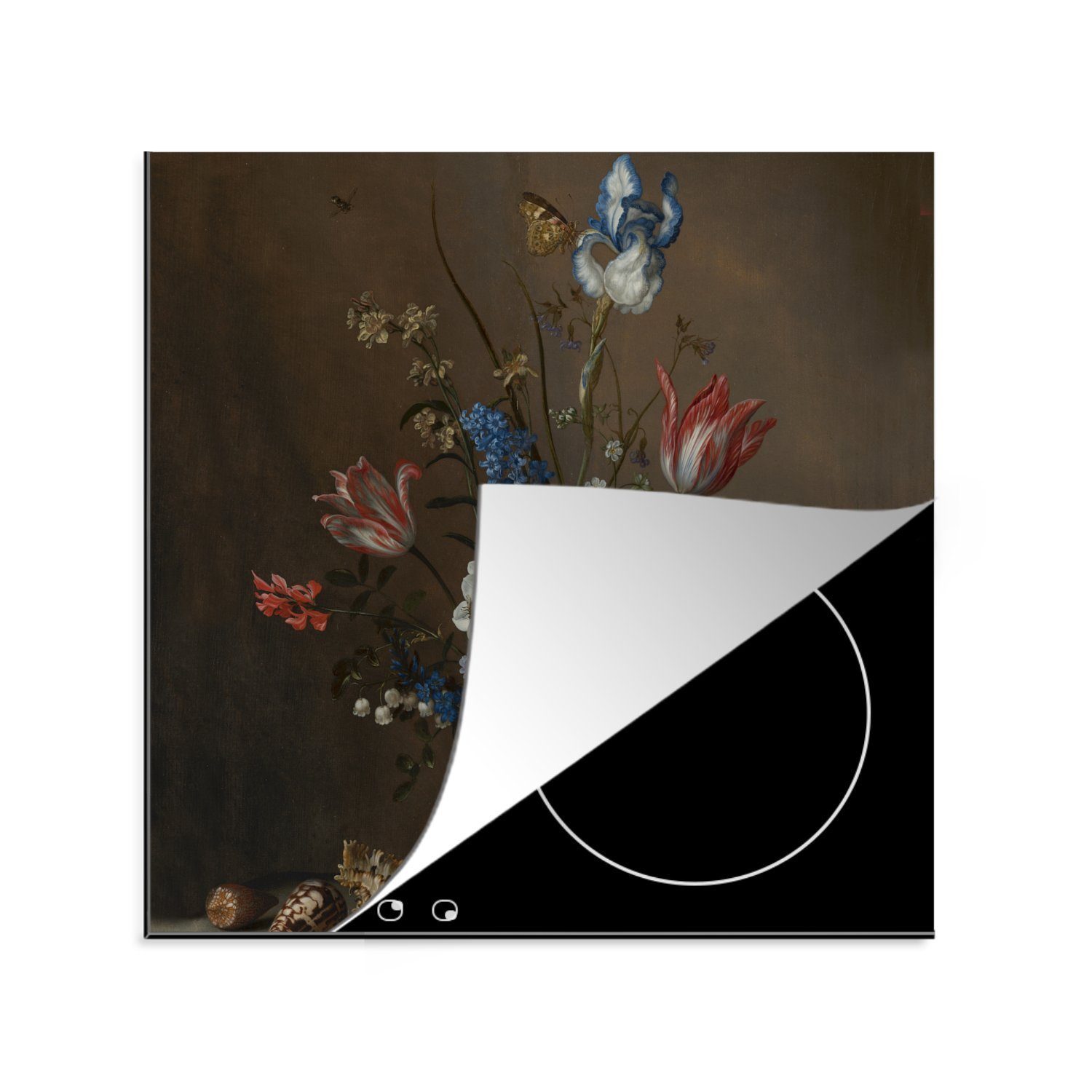 MuchoWow Herdblende-/Abdeckplatte - tlg), Muscheln von (1 cm, Gemälde Balthasar Arbeitsplatte Wan-Li-Vase einer küche Vinyl, Ceranfeldabdeckung, in und Blumen für 78x78 van