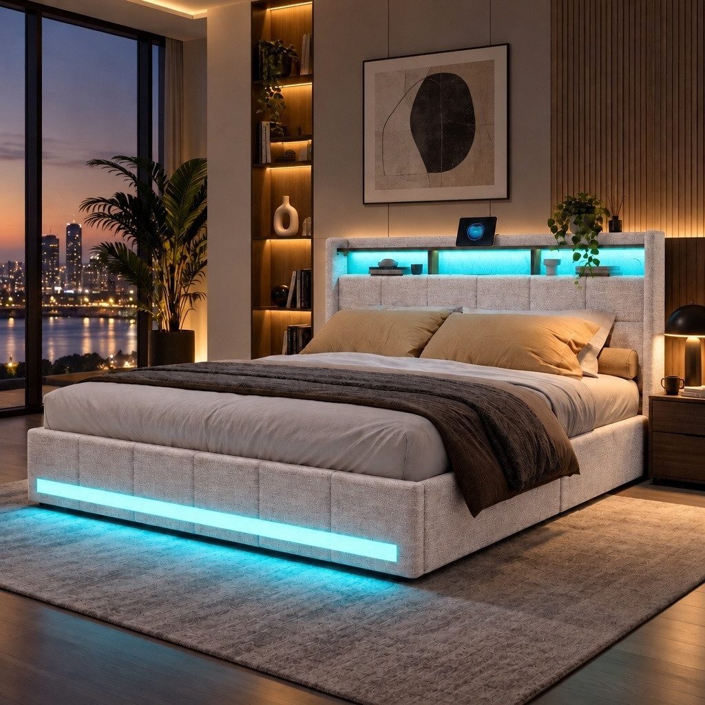PXloue Polsterbett LED Doppelbett Stauraumbett, mit USB-Laden und Stauraum am Kopfteil,Leinen,140x200 cm