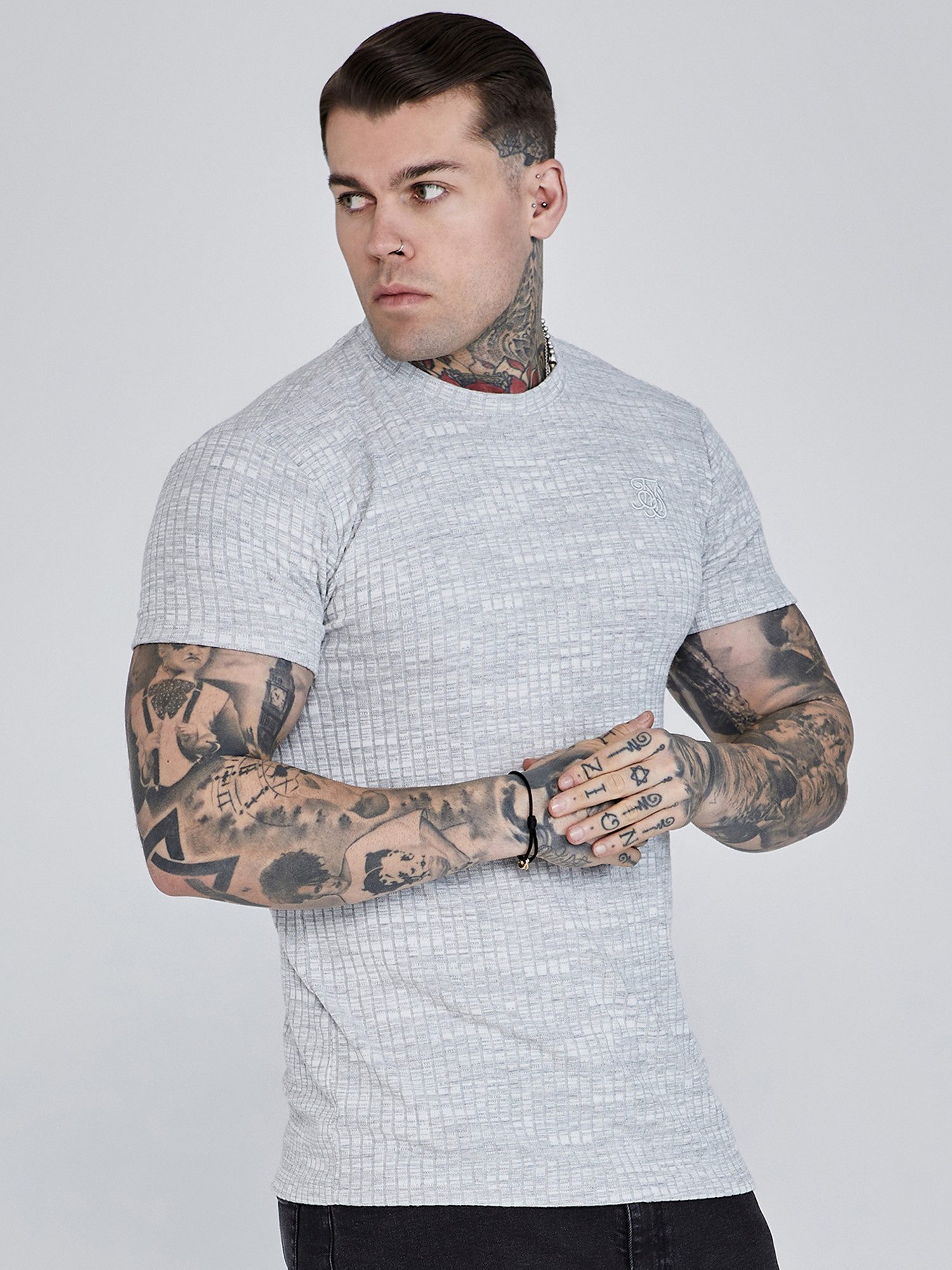 T-Shirt SikSilk Herren Hellgraues Geripptes T-Shirt