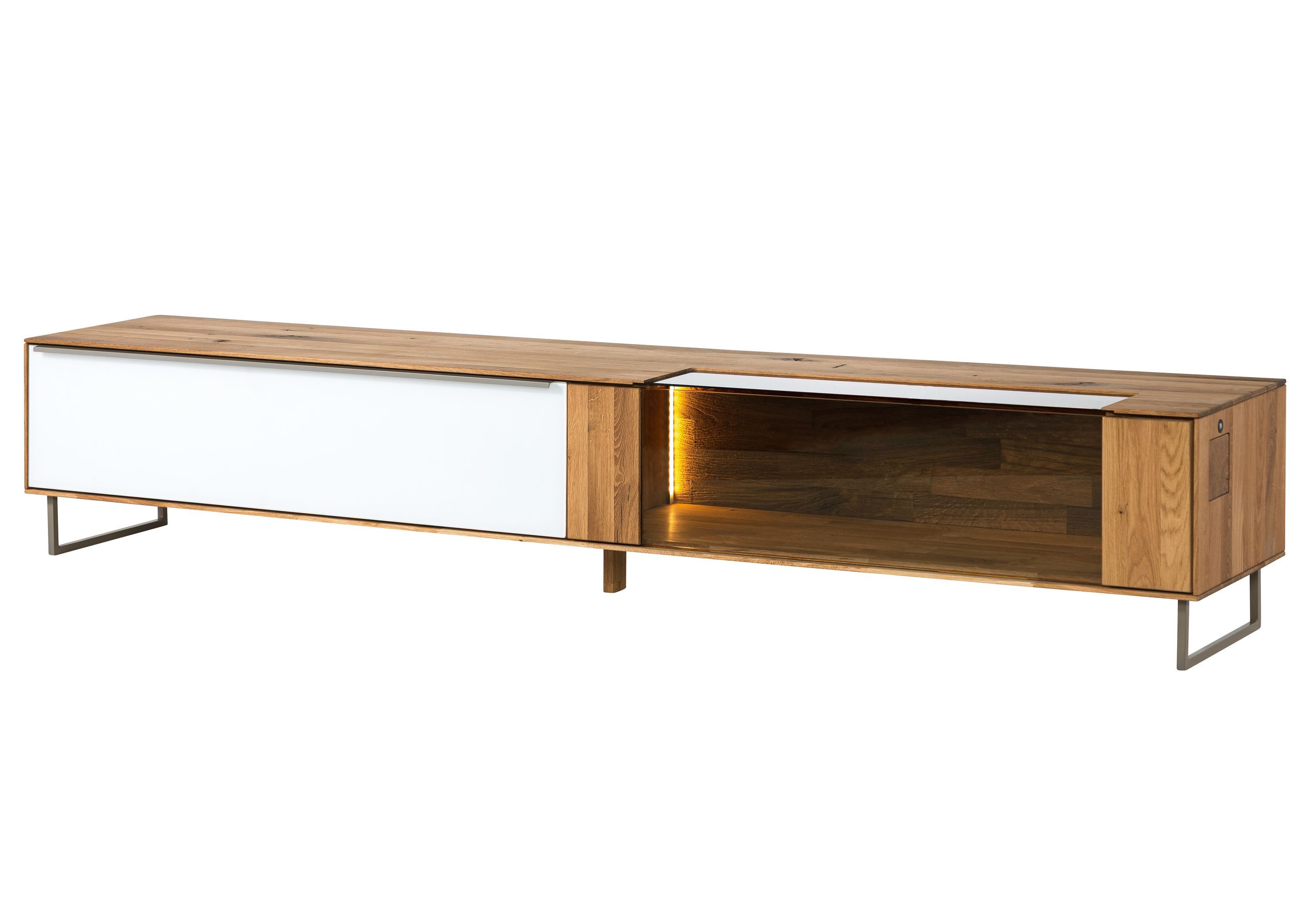 Massivmoebel24 Lowboard WIEN (Massivholz), Wildeiche 200x43x42 natur geölt / Glas weiß WIEN #114