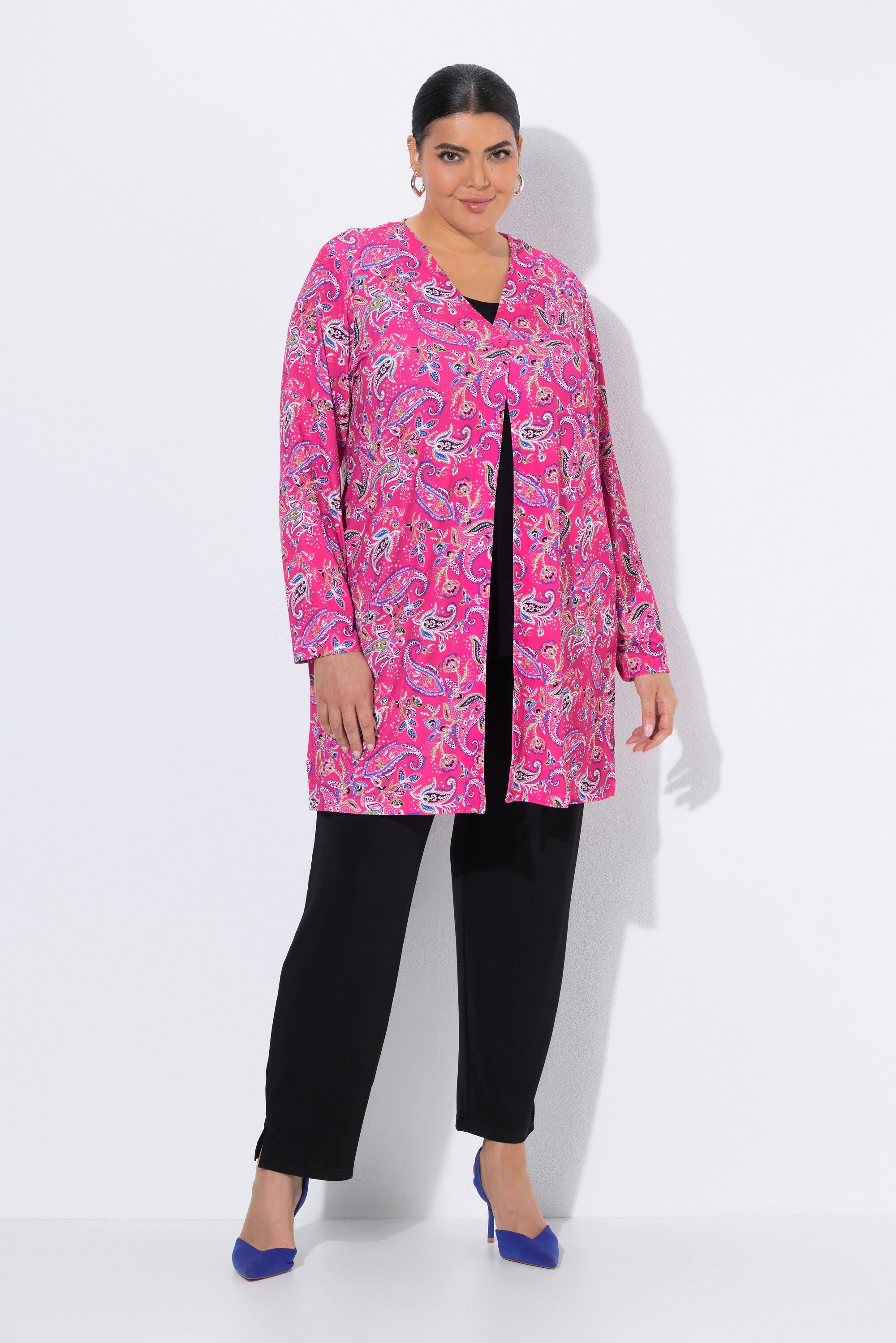 Ulla Popken Longshirt Jerseyjacke Paisleymuster V-Ausschnitt Langarm