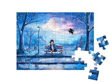 puzzleYOU Puzzle Ein Anime-Mädchen sitzt in einem Park, 48 Puzzleteile, puzzleYOU-Kollektionen Anime