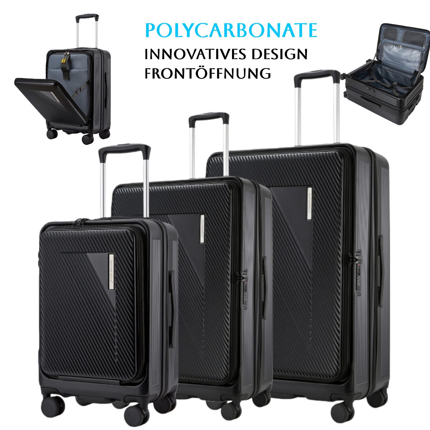 Super Solu Kofferset Reisekoffer mit Frontöffnung, Hartschale Koffer Erweiterbar, 100% PC, 4 Rollen, (Zürich-Series-Kofferset, 3 tlg., Schwarz, für Urlaubsreisen), mit TSA-Schloss, leise Doppelrollen, kratzfest