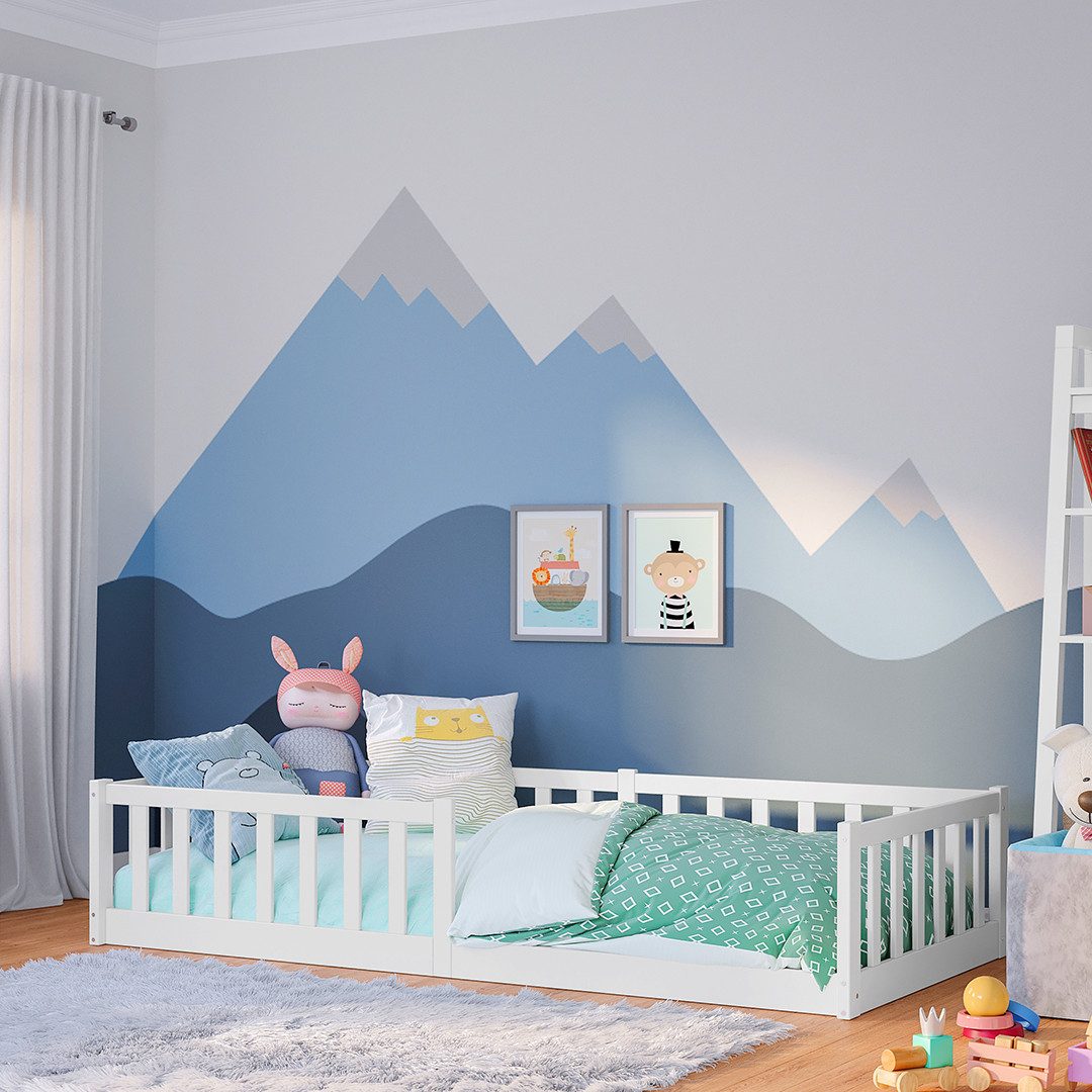 Bellabino Kinderbett Vere mit Rausfallschutz und Lattenrost (weiß, Kiefer Massivholz), Bodenbett verfügbar in 80x160 & 90/120/140x200 cm