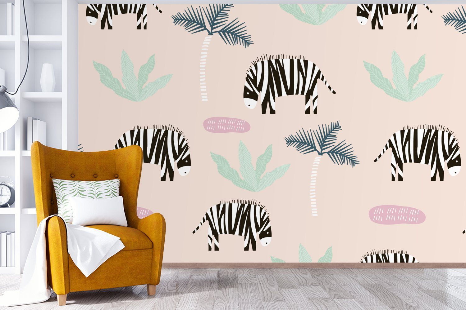 Pastell, für Tapete Wohnzimmer, St), Kinderzimmer, (6 Matt, - MuchoWow Baum Zebra Vinyl - Wallpaper bedruckt, Schlafzimmer, Fototapete
