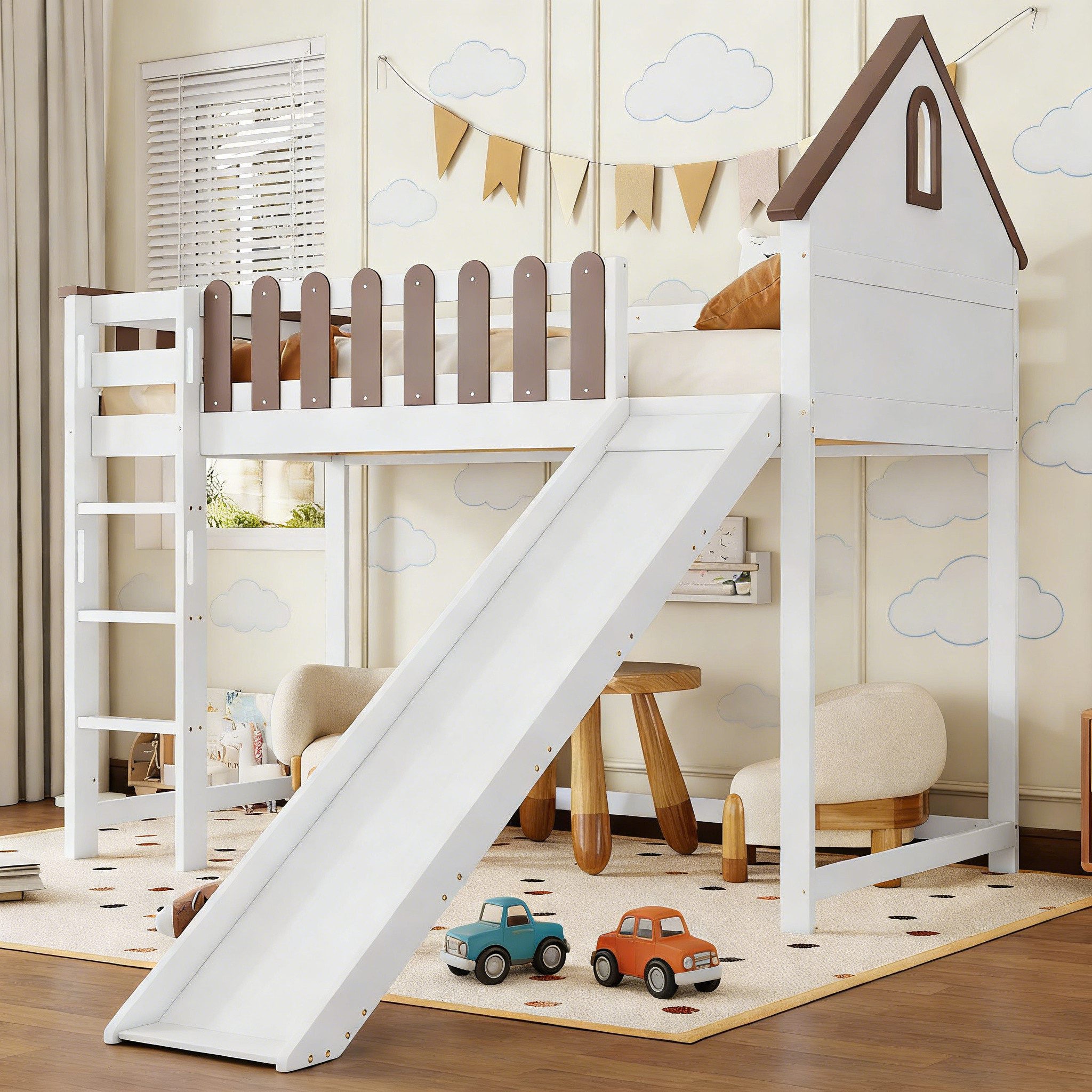 Hochbett Kinderbett Hausbett Einzelbett Massivholzbett Mit Dach & Fenster