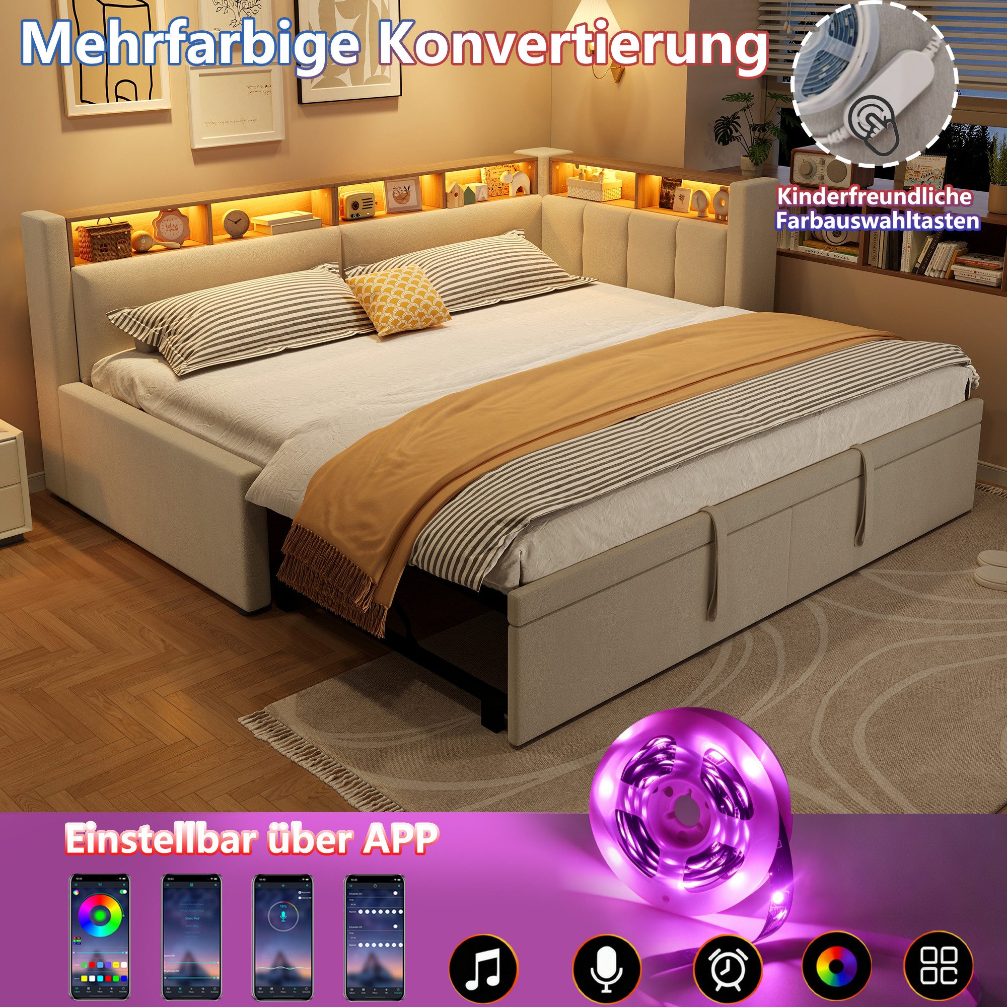 Merax Daybett 90x200cm/180x200cm mit LED-Beleuchtung & App- & Touch-Steuerung (Einzelbett Sofabett Schlafsofa Jugendbett, 1 tlg), Tagesbett mit Ausziehbett, Abl – Bild 5 von 5