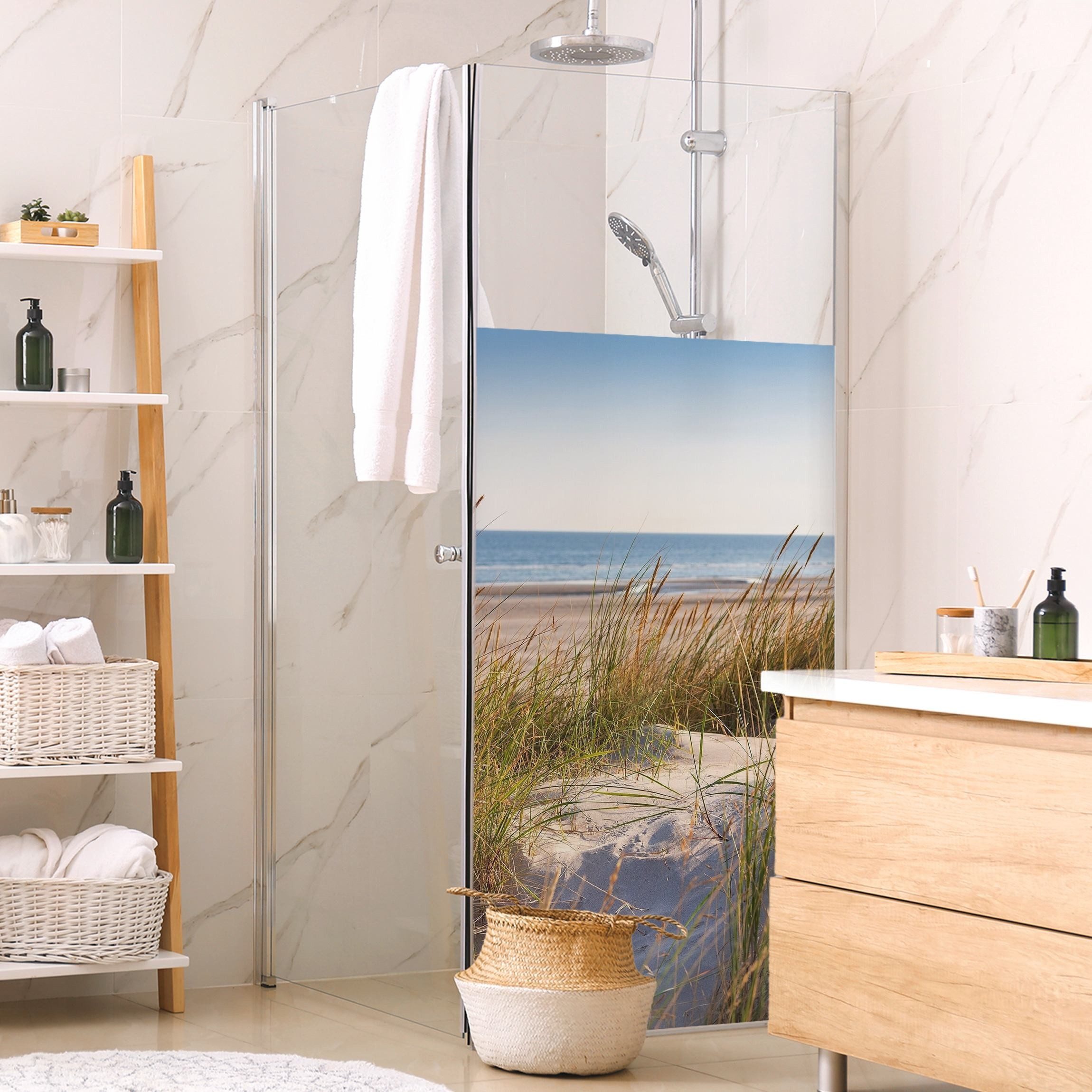Bilderdepot24 Sichtschutzfolie Dusche blickdicht statisch haftend Strand- und Dünenmotiv, Statisch haftend, blickdicht, wasserfest, wiederverwendbar, ablösbar