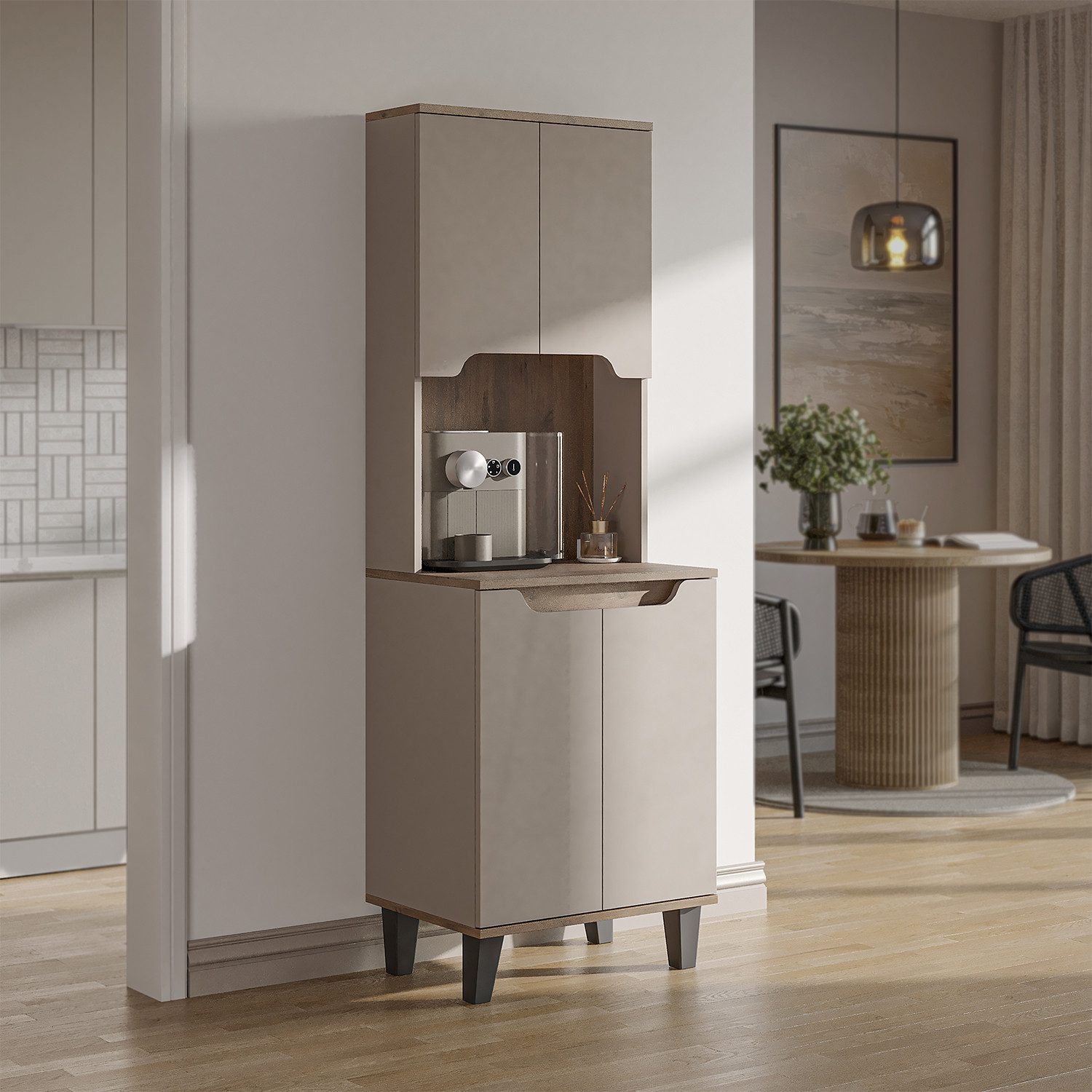 Roomart Küchenbuffet DEFNE mit Nische Kaffeebar Mikrowellenschrank Vorratsschrank, 5 Farben Offene Nische für Kaffeemaschine, 4 Türfächer – Bild 2 von 5