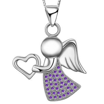 Limana Kette mit Anhänger echt 925 Sterling Silber Engelkette, Schutzengel Engel Herz Liebe Halskette Damen Mädchen Kinder Herzkette lila