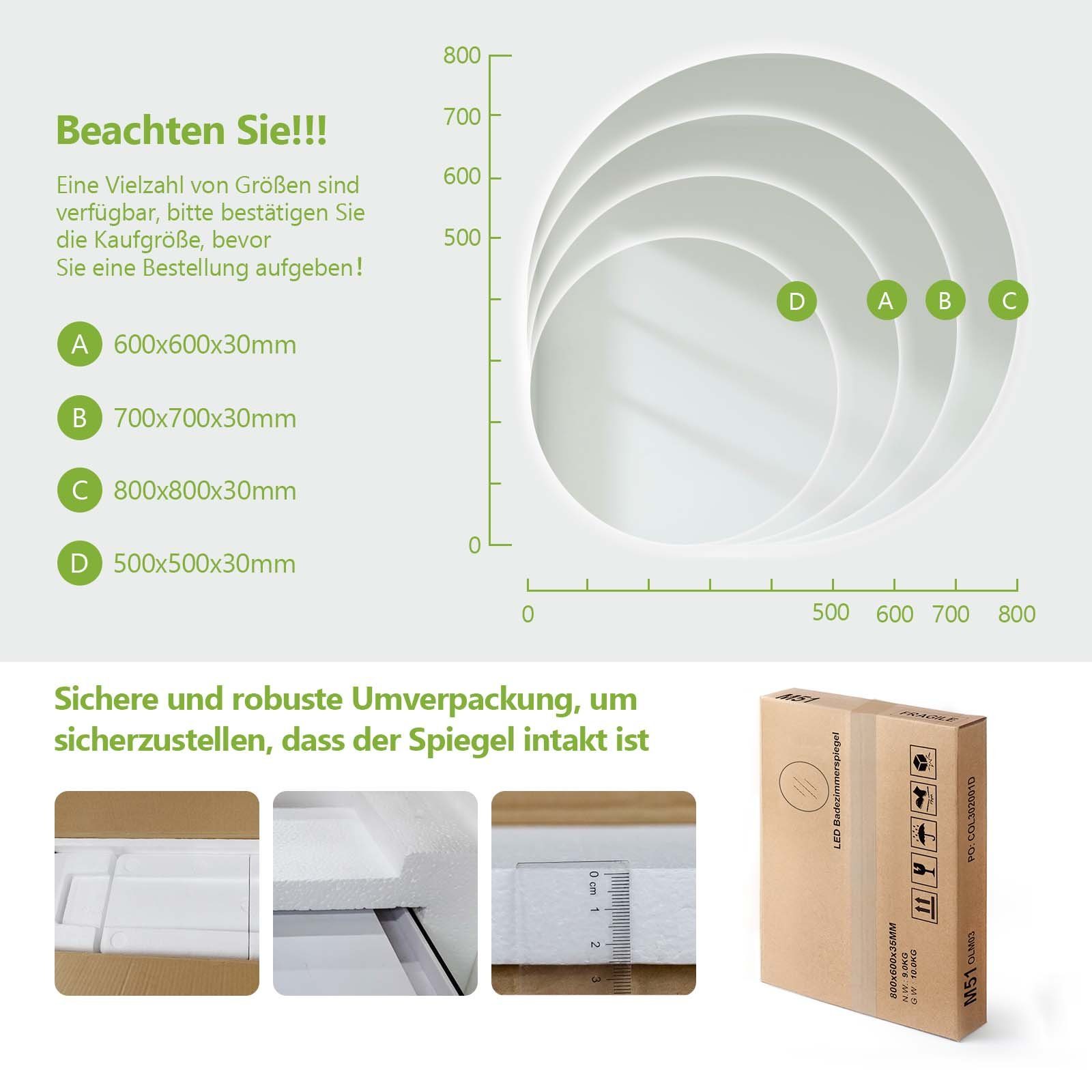 mit Helligkeit, Lichtfarbe Wandspiegel Dimmbar,Energiesparend Runder cm,Touch-Schalter,3000/4000/6500K Lichtfarbe+ Badspiegel 50 Einstellbare 3 S'AFIELINA