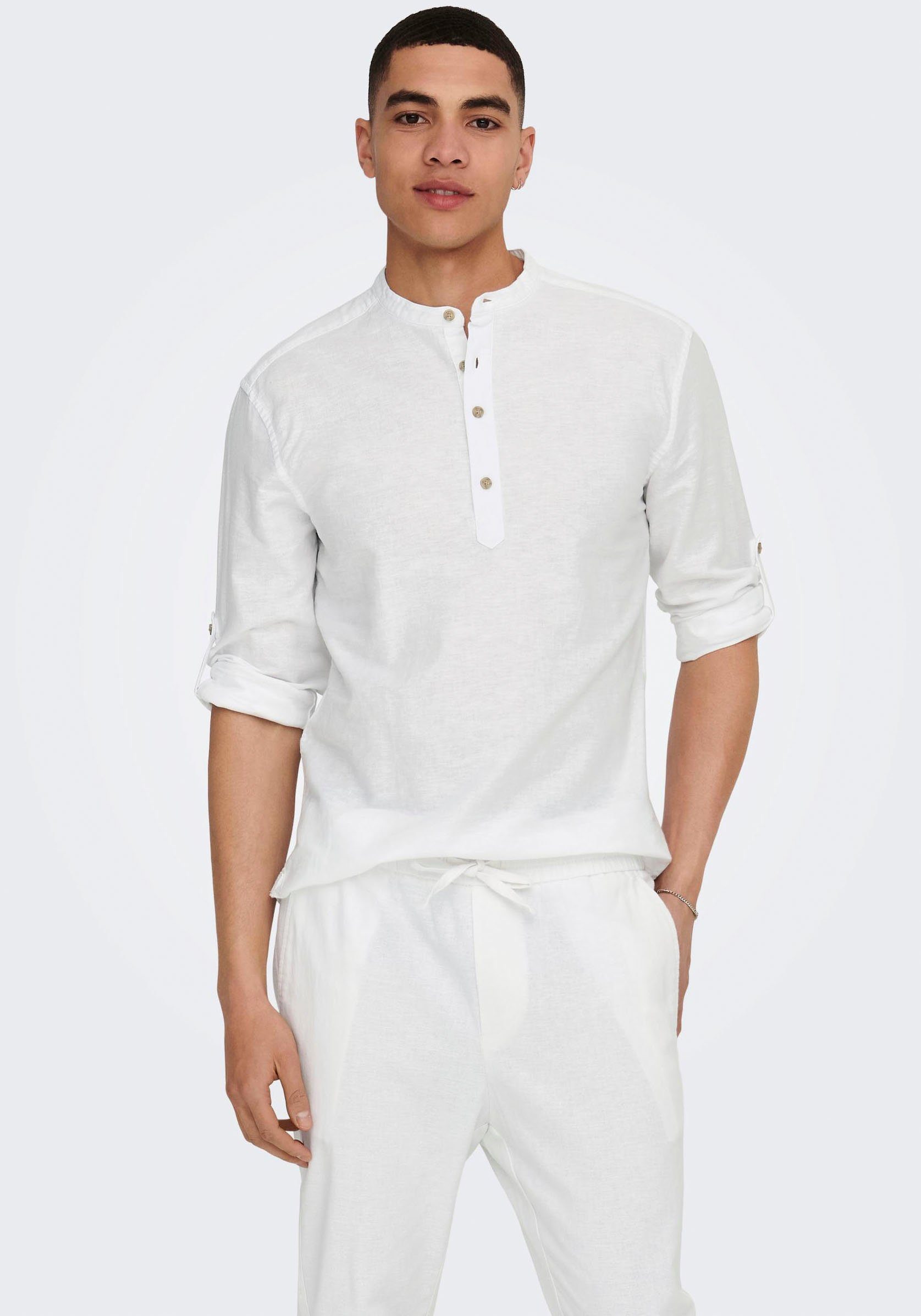 ONLY & SONS Langarmhemd ONSCAIDEN LS HALFPLACKT LINEN SHIRT White