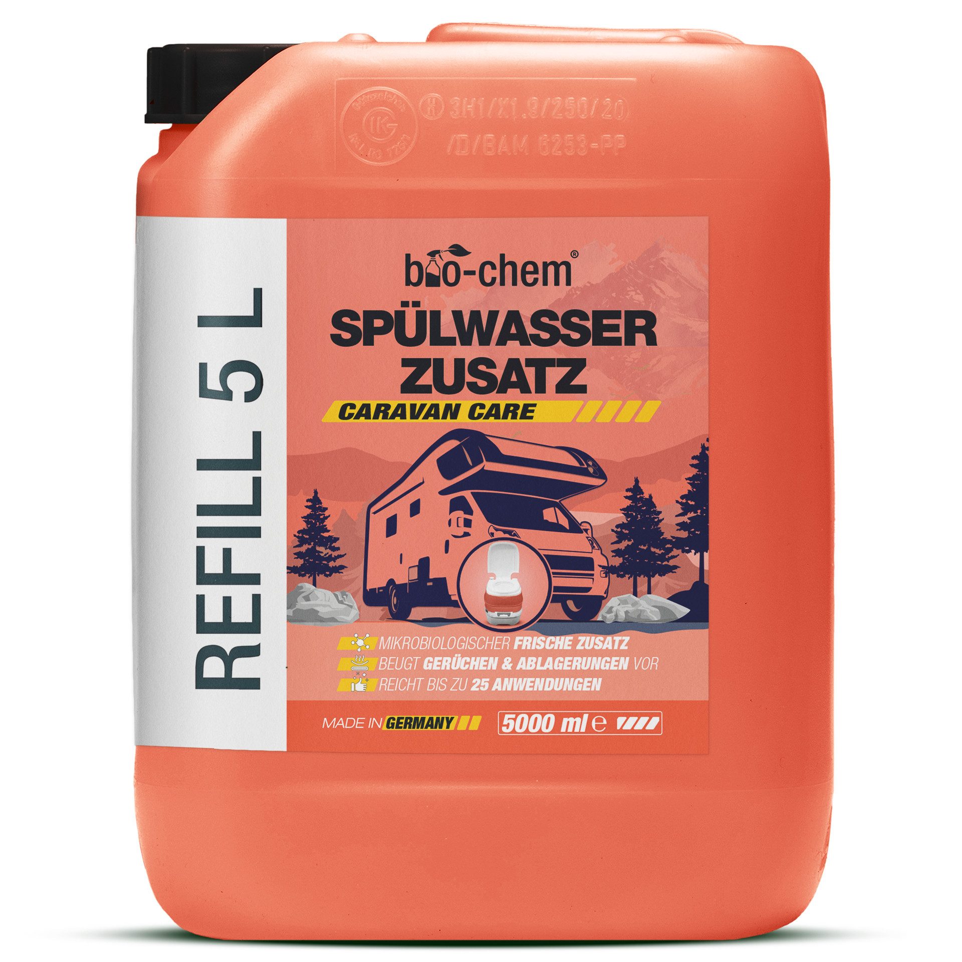 bio-chem bio-chem Spülwasser-Zusatz 1L – Rinse-Reiniger für Toilettentanks Campingtoilettenreiniger (Spülwasser-Zusatz 5 l Kanister + Dosierbecher)
