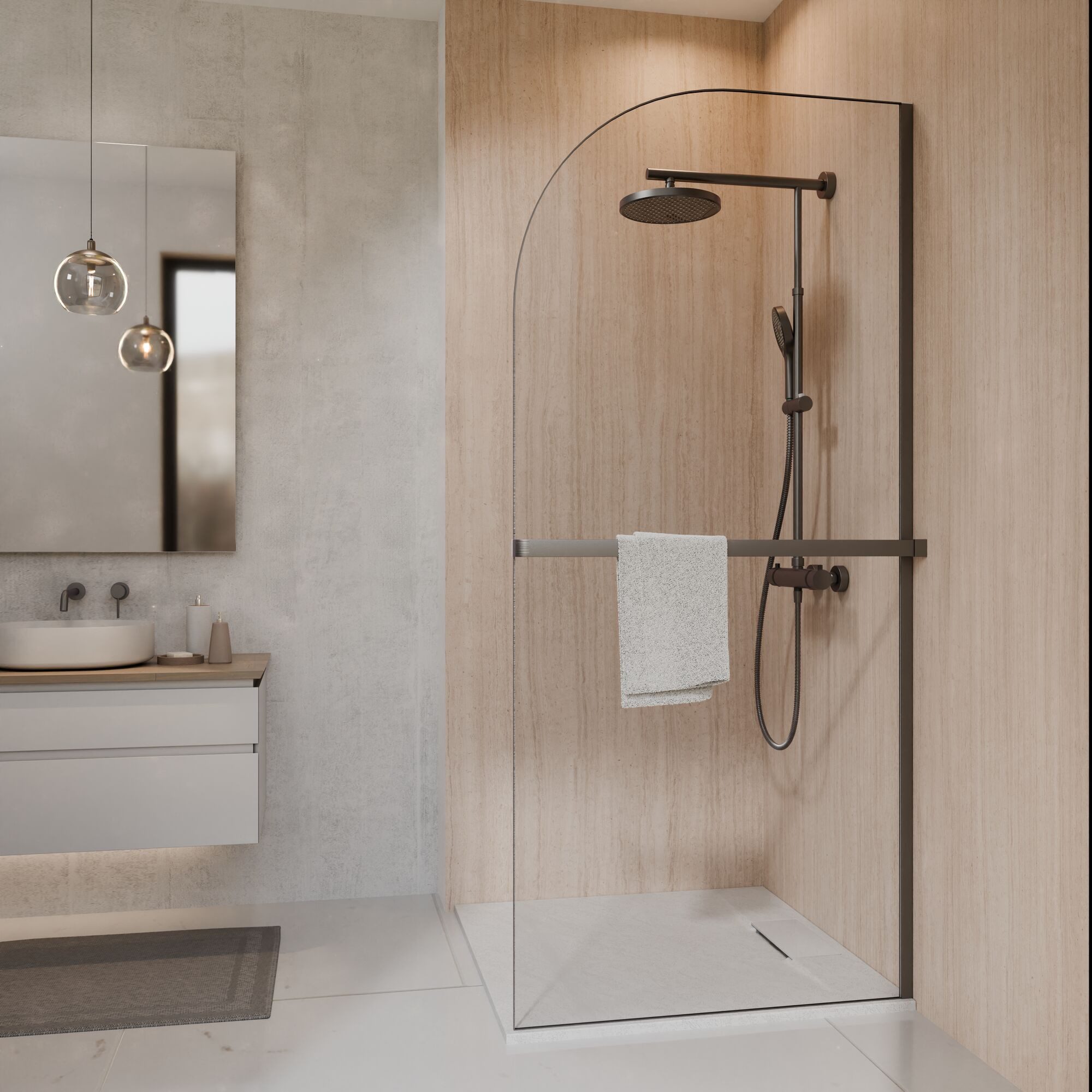 SCHÖNER WOHNEN-Kollektion Duschwand YUNA, Walk In mit Bogen 90 x 200 cm, Sicherheitsglas, (1 tlg), mit Handtuchhalter, Spritzschutz, Klar Hell
