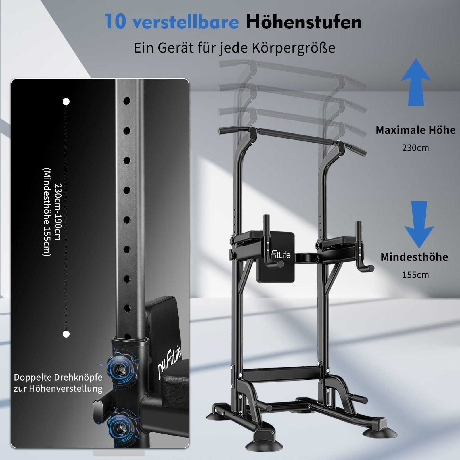 DH FitLife Kraftstation Power Tower mit Klimmzugstange und Dip Station, (Dip Barren 300kg, Pull Up Bar 150kg), höhenverstellbar für Ganzkörpertraining Zuhause