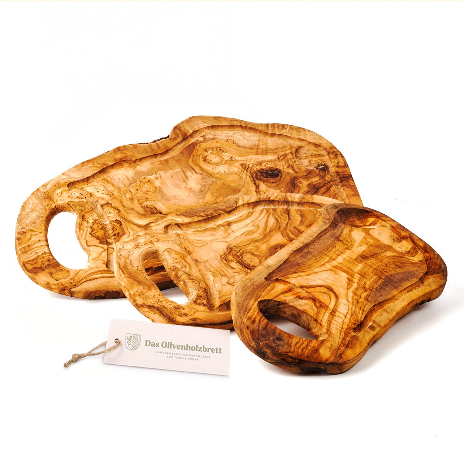 dasOlivenholzbrett Servierbrett 3er Set Schneidebrett aus Olivenholz mit Saftrille und Henkel